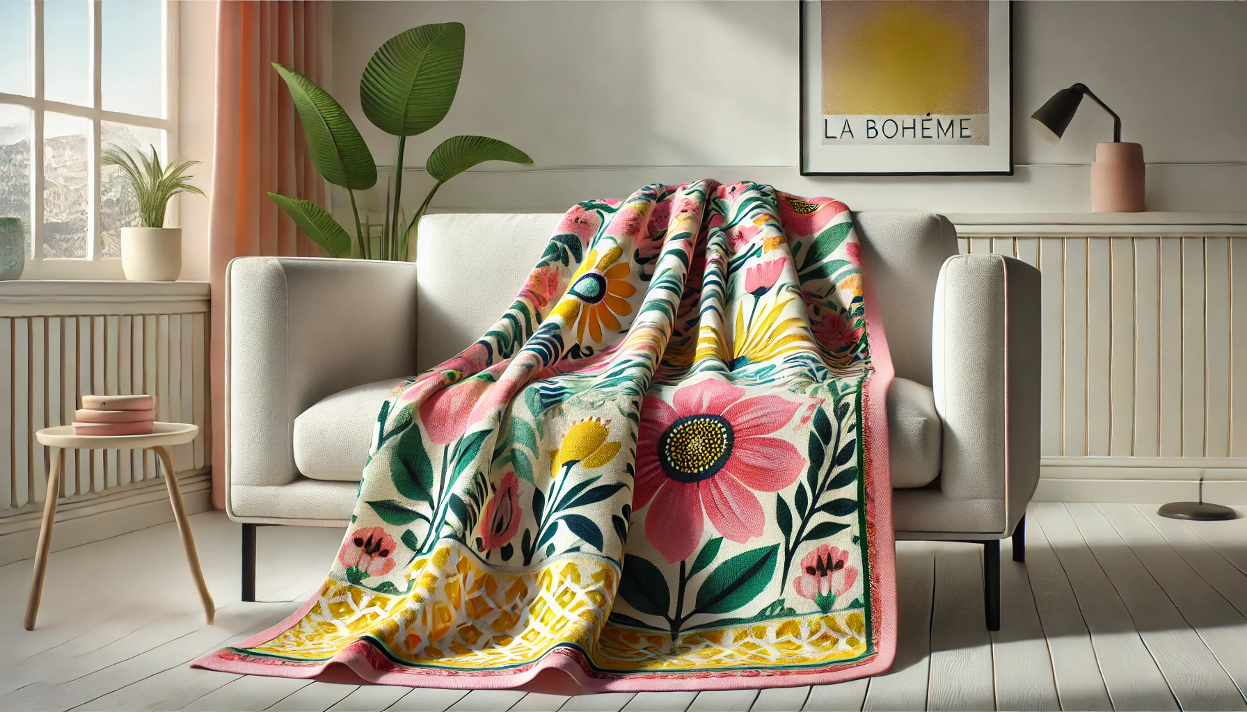 DALL·E 2024-09-04 13.58.01 - A realistic image of a throw blanket titled 'La bohème,' featuring a vibrant floral pattern in pink, green, yellow, and blue. The blanket is partially
