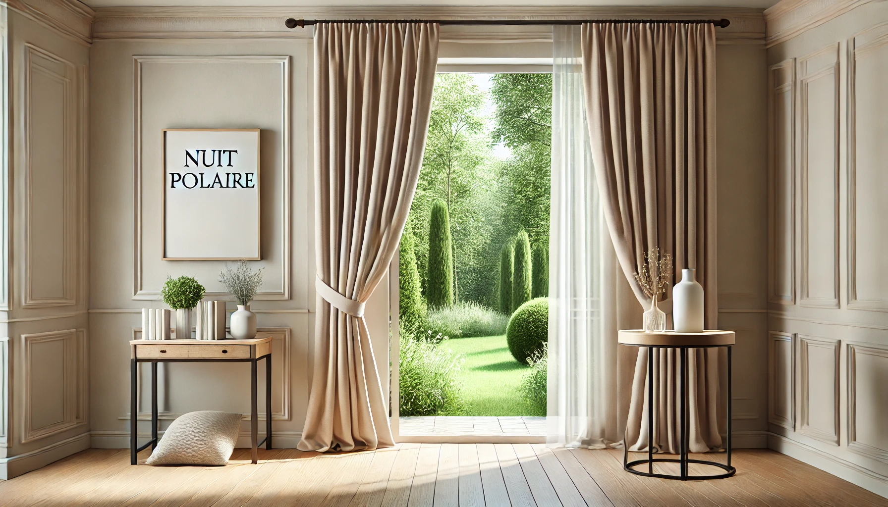 DALL·E 2024-09-04 14.16.38 - A realistic image of a light beige curtain titled 'Nuit polaire,' hanging in front of a large glass window overlooking a lush green garden. Next to th