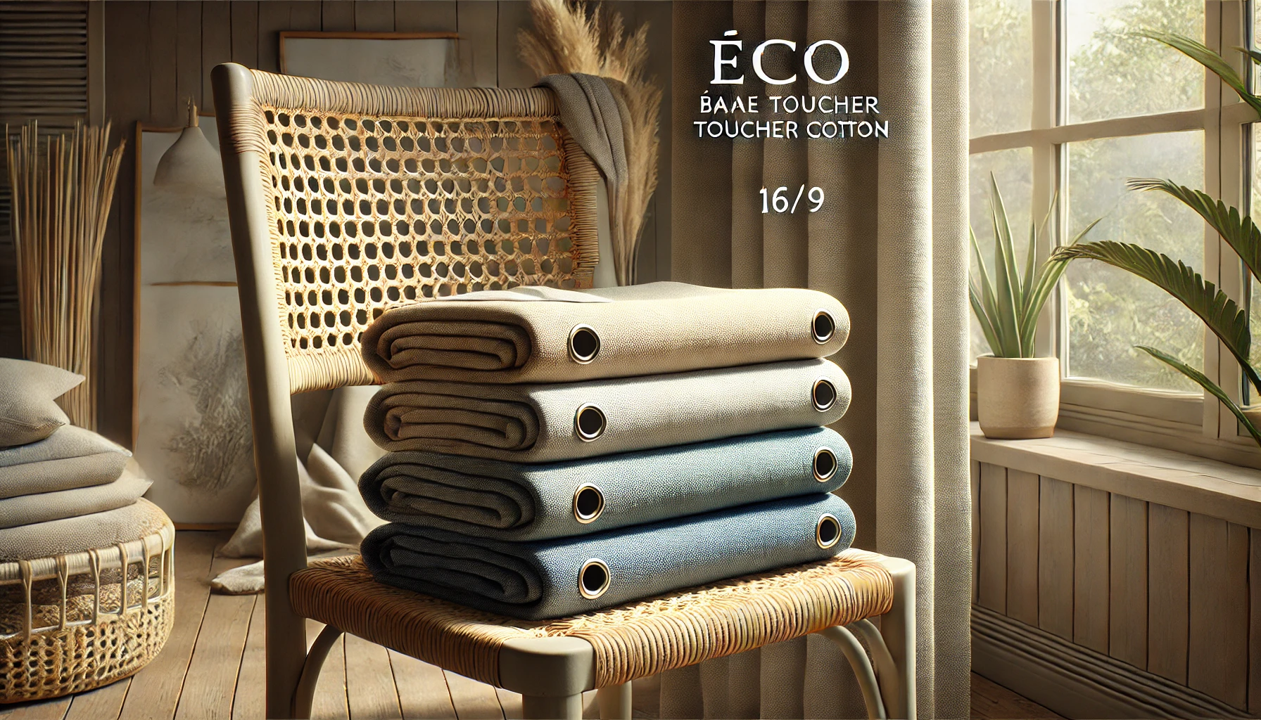 DALL·E 2024-09-04 14.37.05 - A realistic image of a set of curtains titled 'Éco baie toucher coton,' neatly stacked on a woven fiber chair. The curtains come in different colors_
