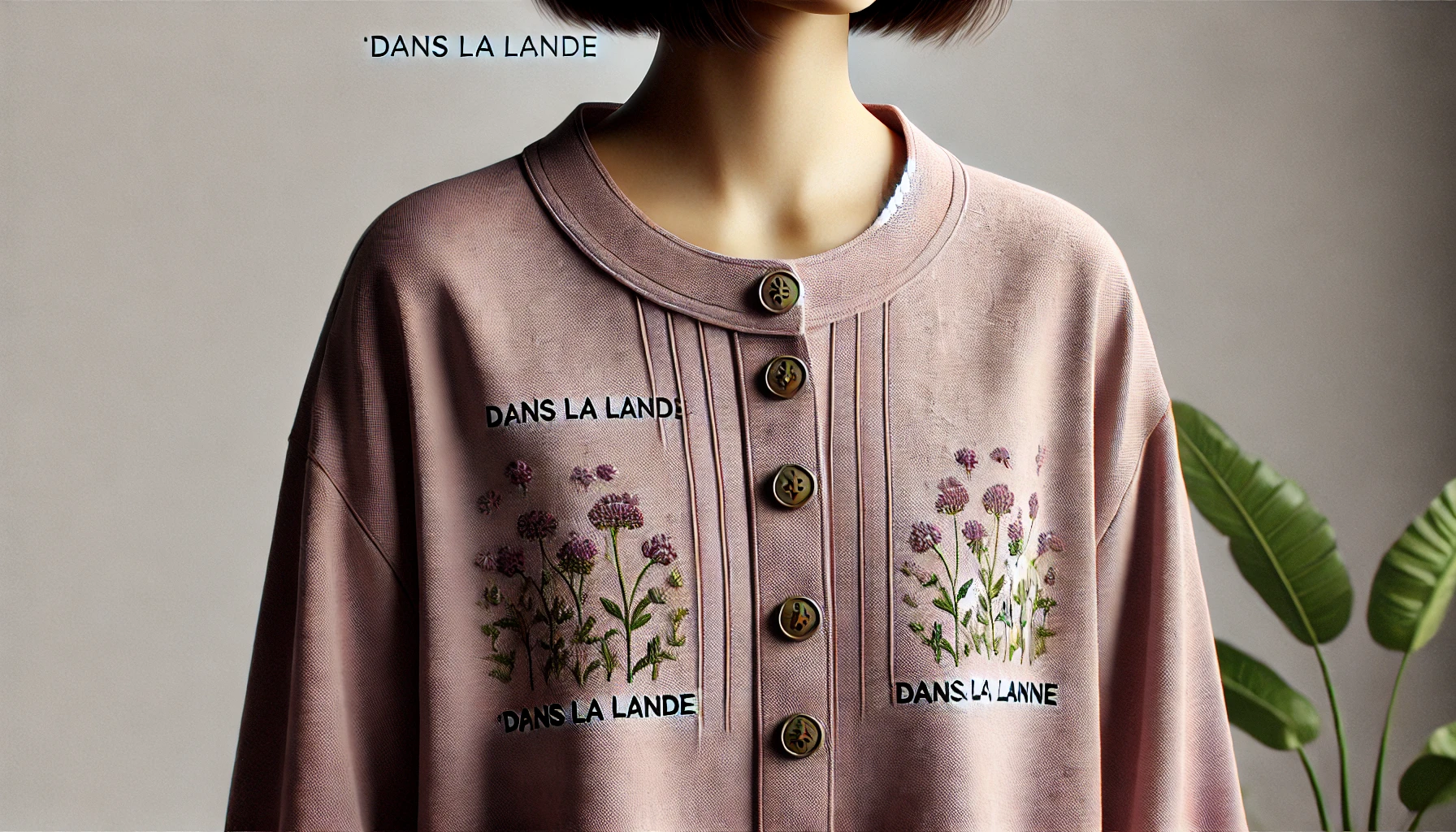 DALL·E 2024-09-04 14.54.19 - A realistic image of a woman wearing a light mauve top titled 'Dans la lande,' featuring a button placket with small decorative buttons. The top has a