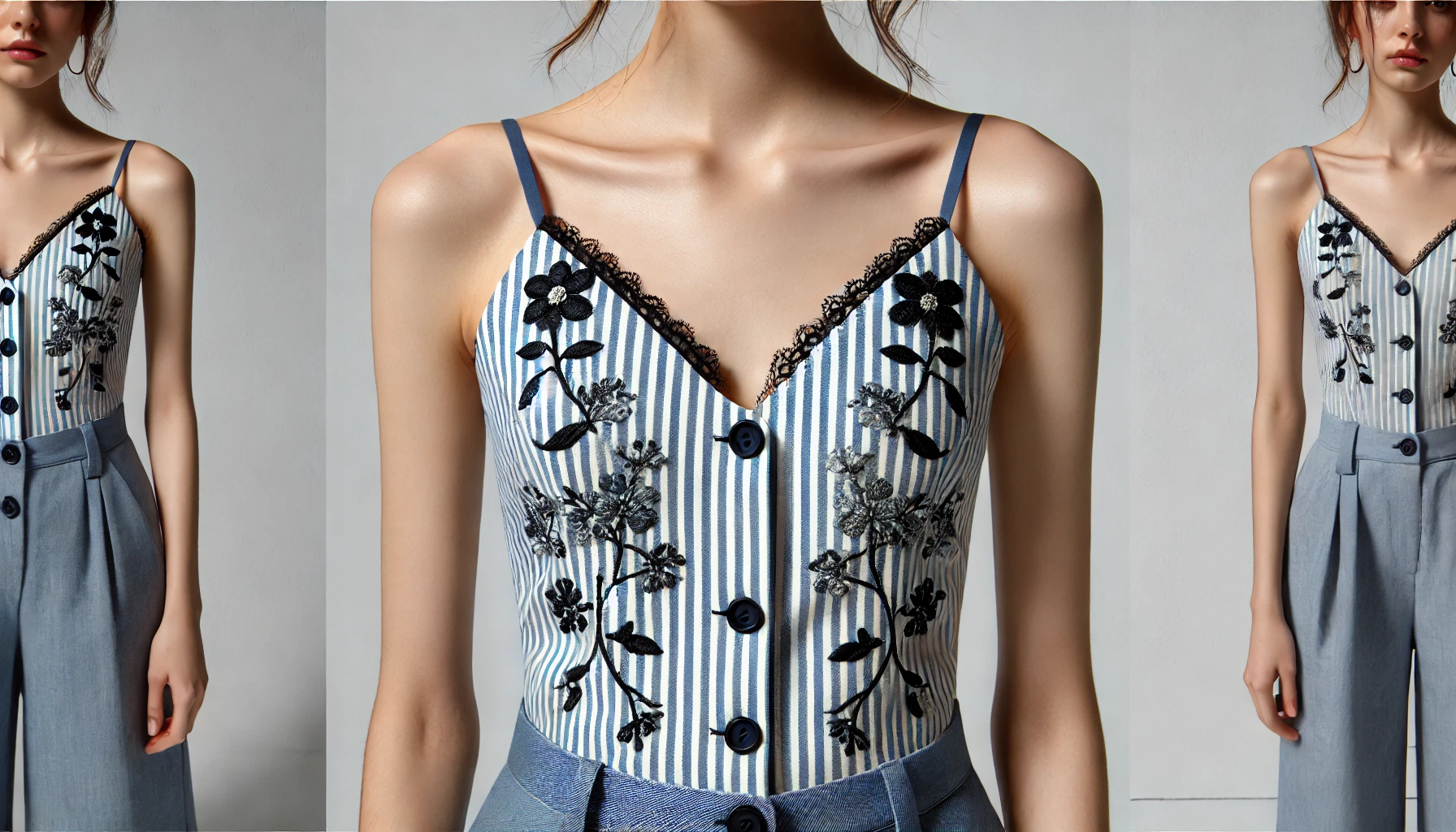 DALL·E 2024-09-04 15.00.00 - A realistic image of a woman wearing a top titled 'Corinthe,' featuring thin straps and black floral embroidery on a blue and white striped fabric. Th