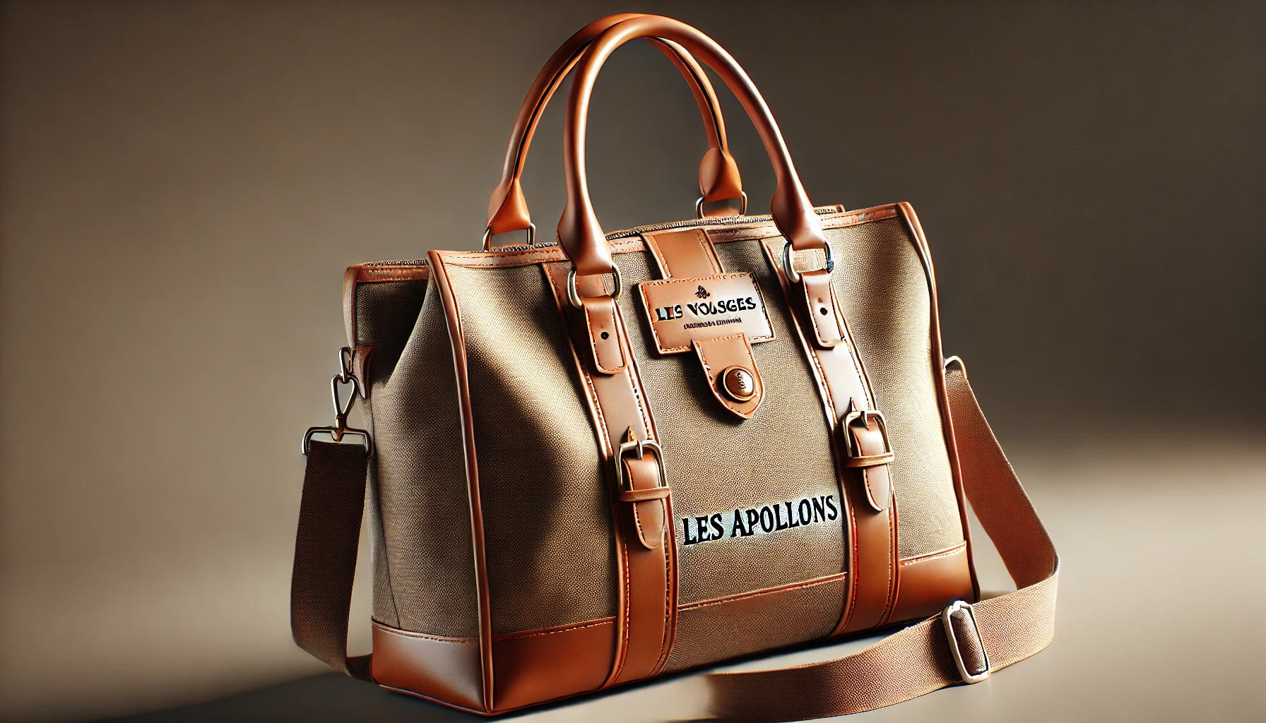 DALL·E 2024-09-04 15.15.08 - A realistic image of a bag titled 'Les apollons,' made of brown canvas with light brown leather details. The bag features two leather handles and a de
