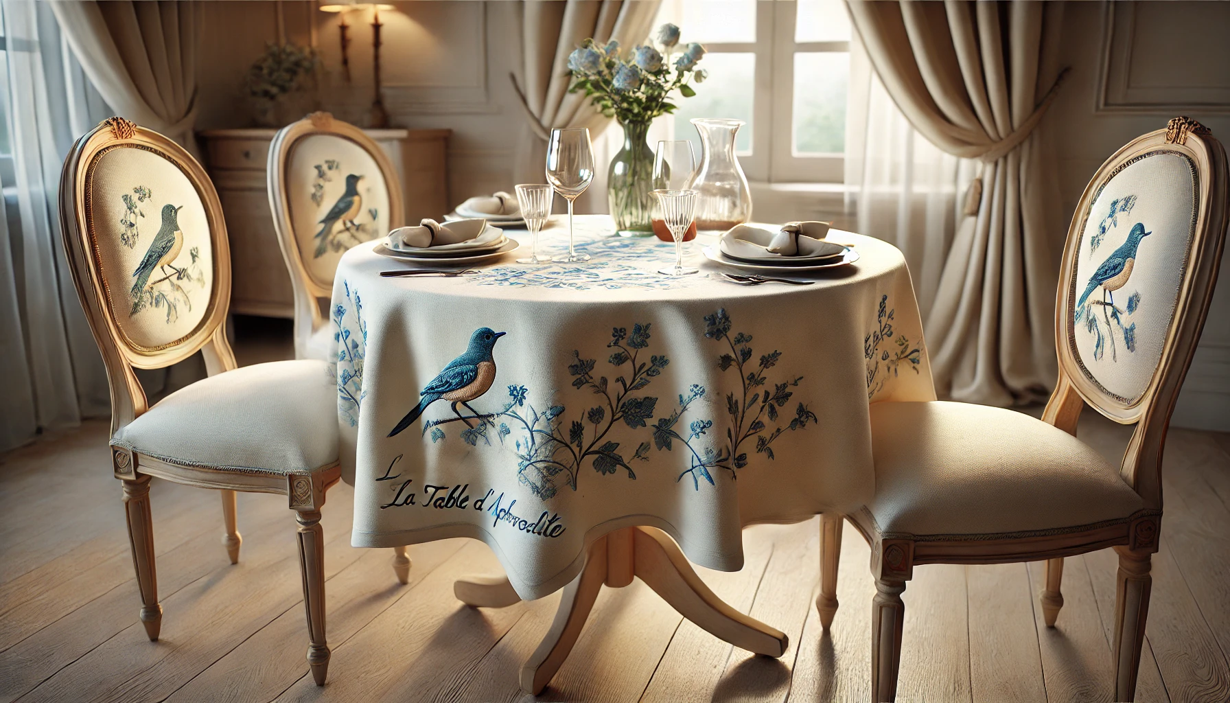 DALL·E 2024-09-04 15.38.48 - A realistic image of a table setting titled 'La table d'Aphrodite.' The table is round, covered with an elegant cream tablecloth that features embroid
