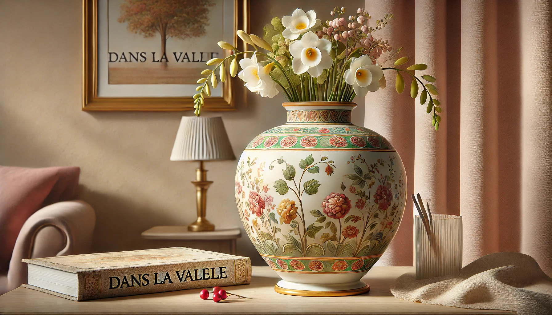 DALL·E 2024-09-04 15.49.40 - A detailed realistic image of a decorative vase titled 'Dans la vallée.' The vase has a wide, bulbous base with a narrow neck, featuring intricate flo