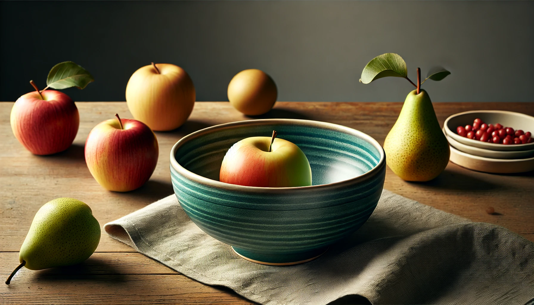 DALL·E 2024-09-04 15.57.45 - A detailed realistic image of a ceramic bowl in an oval shape, placed on a wooden table with fresh fruits like apples and pears beside it. The bowl is