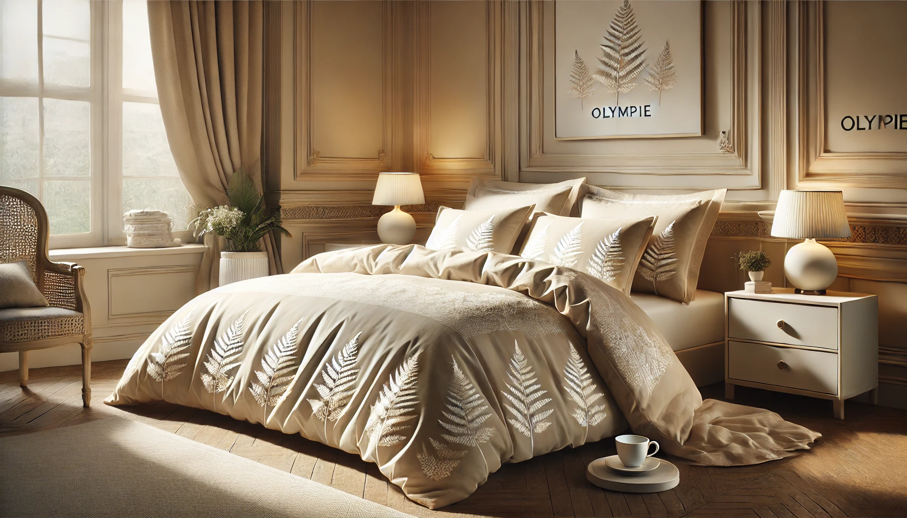 DALL·E 2024-09-04 18.04.30 - A highly detailed and realistic image of a luxurious bed linen set titled 'Olympie.' The bedding is beige with white fern patterns on the duvet cover