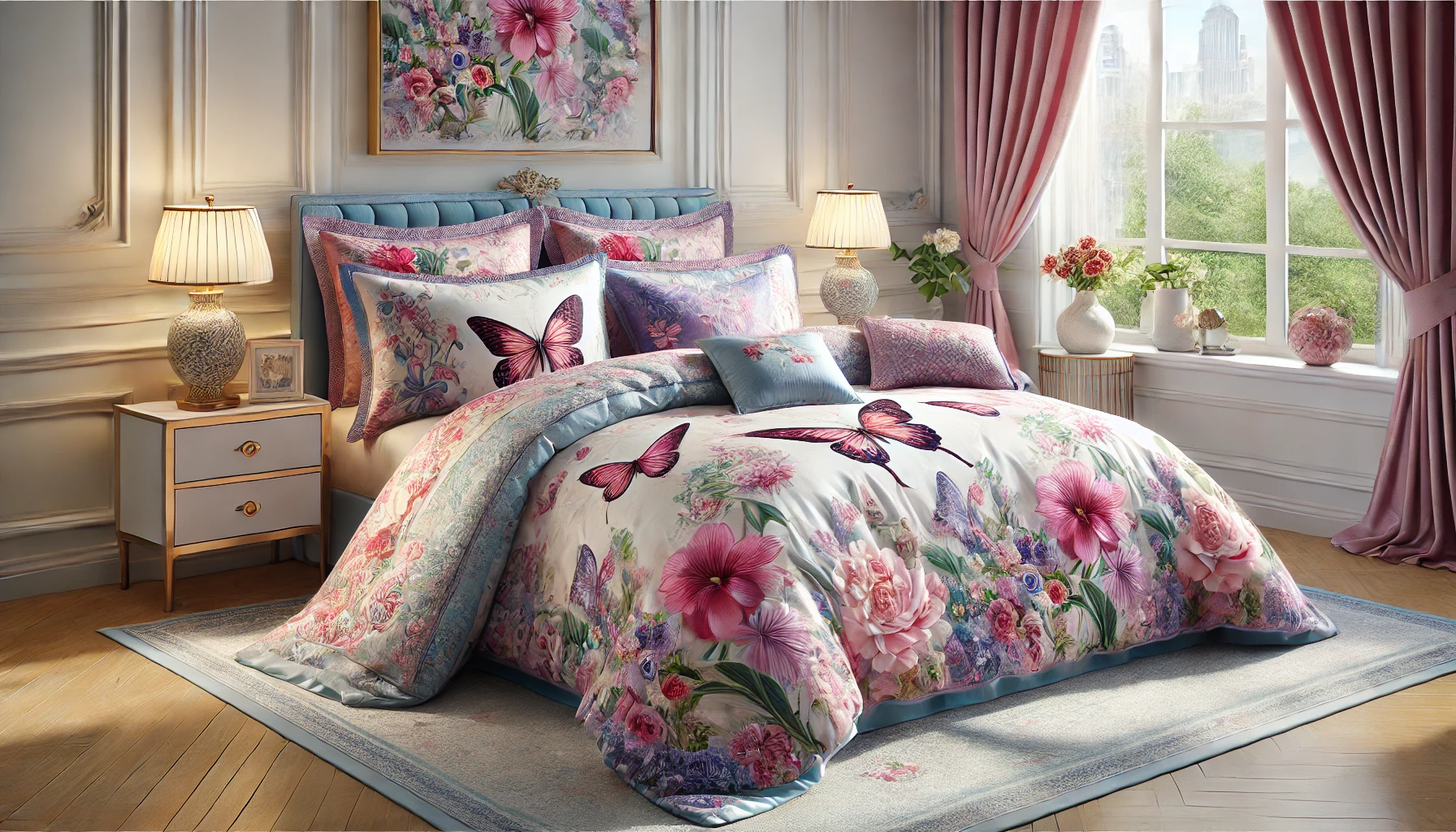 DALL·E 2024-09-04 18.06.46 - A highly detailed and realistic image of a luxurious bedding set featuring intricate patterns of flowers and butterflies in vibrant hues of pink, purp