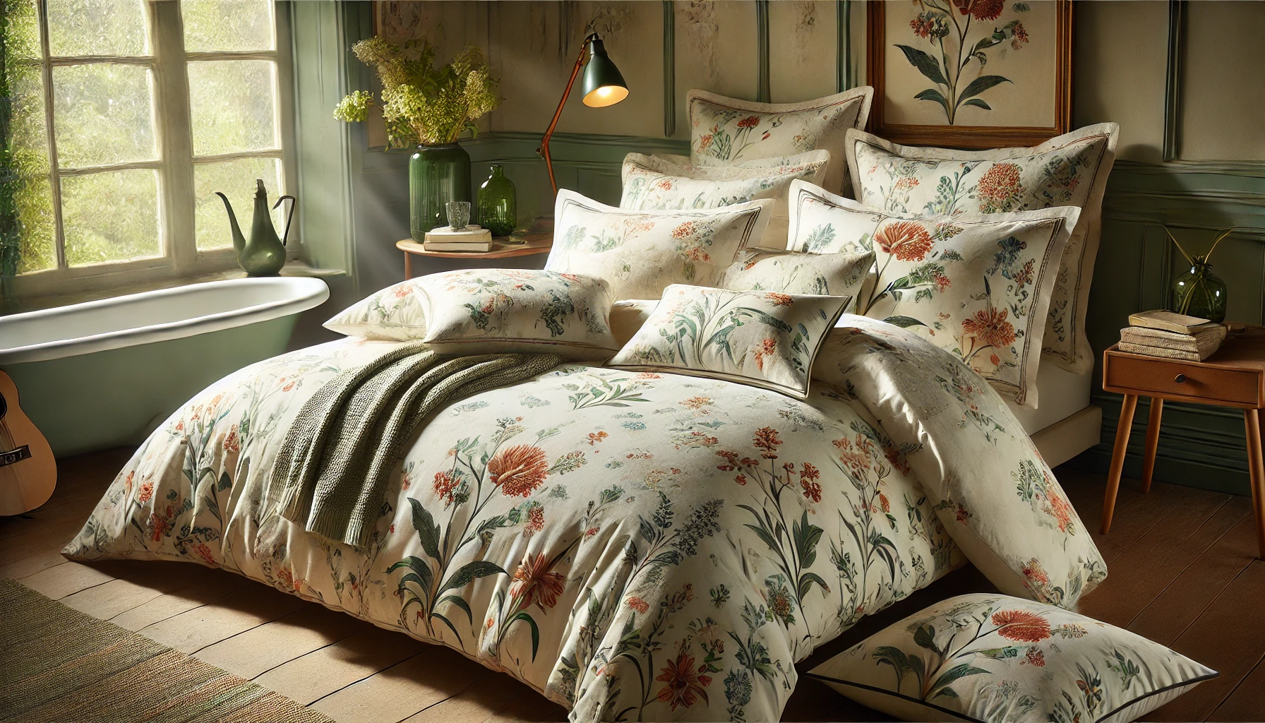 DALL·E 2024-09-04 18.13.43 - A serene bedroom scene featuring luxurious bedding with a floral pattern titled 'Linge de lit Balade folk'. The bedding is predominantly white with in