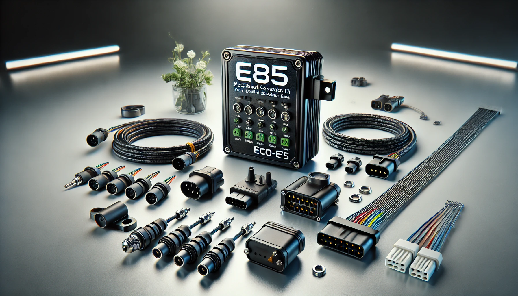 DALL·E-2025-02-11-18.51.18-A-high-quality-digital-rendering-of-an-E85-bioethanol-conversion-kit-for-4-cylinder-gasoline-engines.-The-kit-includes-a-compact-black-electronic-cont