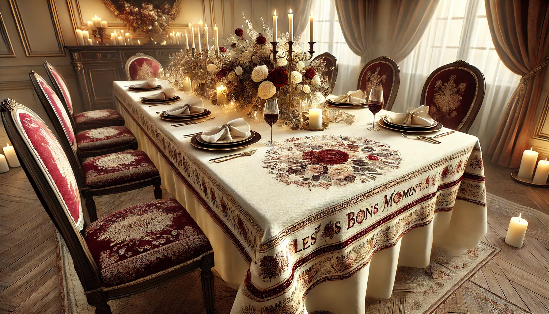 DALL·E 2025-02-12 10.58.38 - A high-quality digital rendering of the 'Les bons moments' tablecloth, designed for warmth and elegance. The tablecloth features refined floral patter