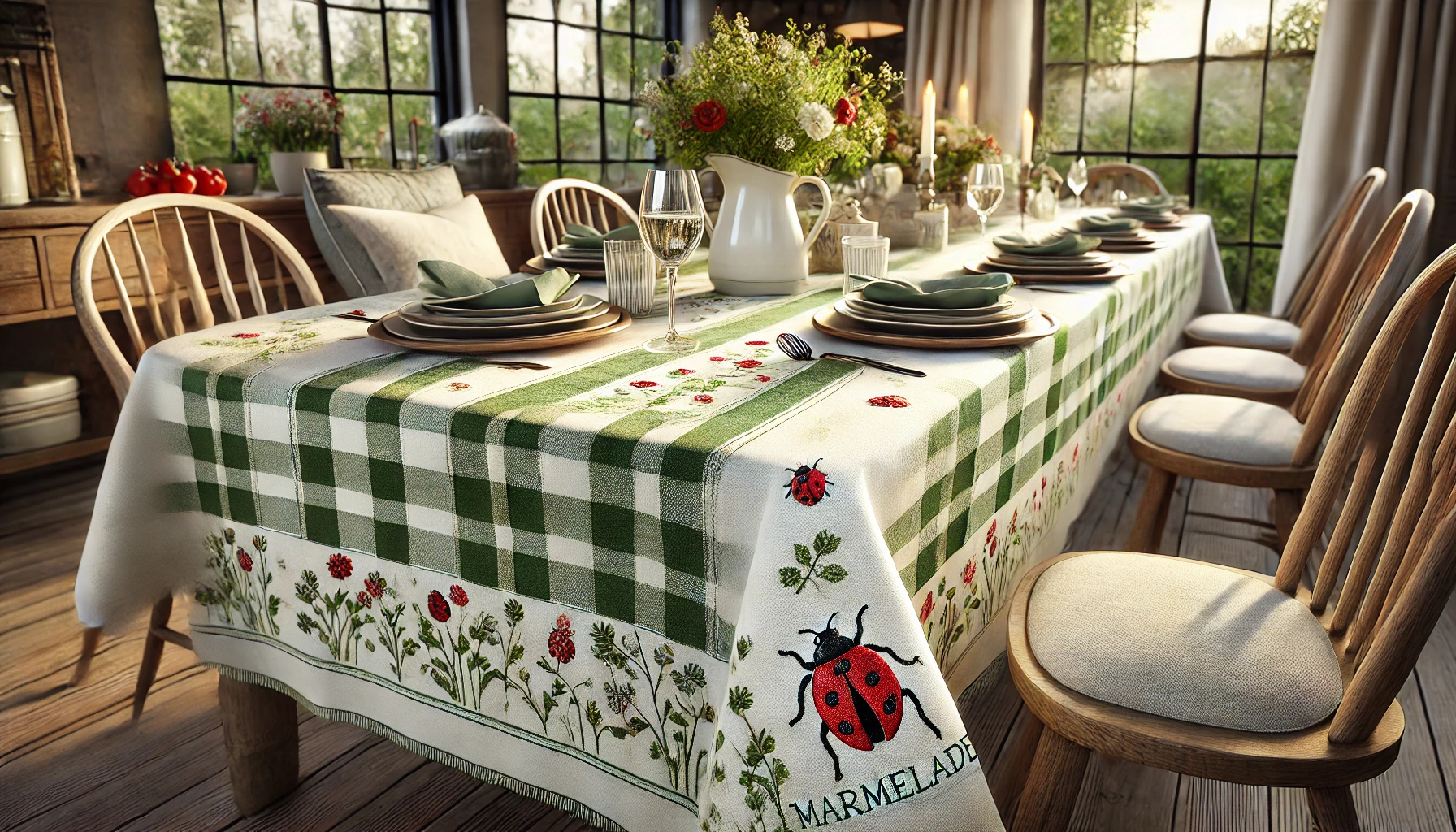 DALL·E 2025-02-12 11.09.42 - A high-quality digital rendering of the 'Marmelade' embroidered tablecloth, designed for a rustic and convivial charm. The tablecloth features a class