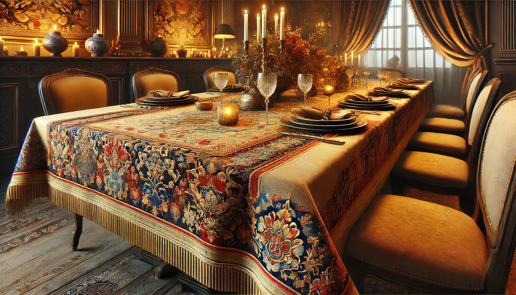 DALL·E 2025-02-12 11.38.55 - A high-quality digital rendering of the 'D'or et d'épices' tablecloth, designed for warmth and sophistication during festive gatherings. The tableclot