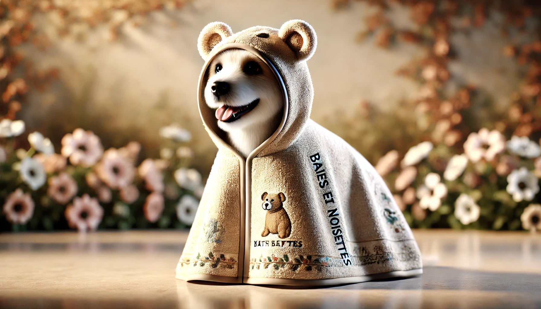 DALL·E 2025-02-12 11.59.45 - A high-quality digital rendering of the 'Baies et noisettes' pet bath cape, designed for comfort and quick drying. The cape is made from ultra-soft an