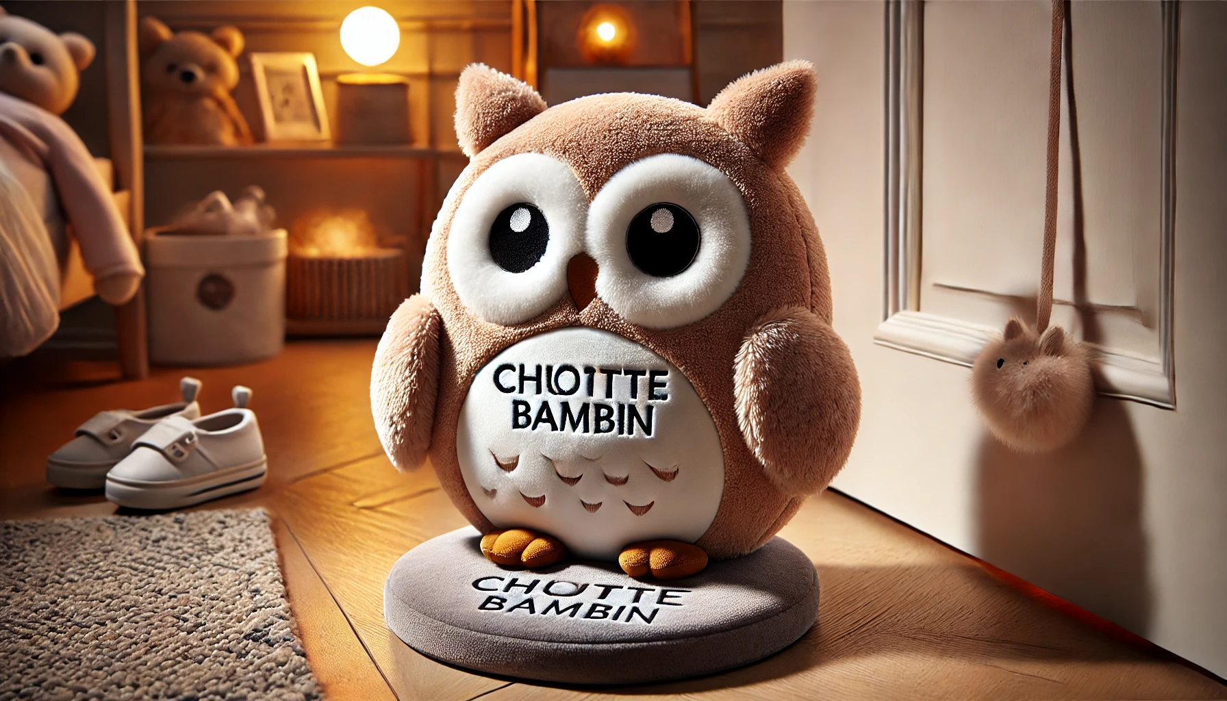 DALL·E 2025-02-12 12.17.34 - An adorable owl-shaped doorstop named 'Chouette Bambin', designed to be both practical and decorative. The doorstop features a plush, soft velvet and