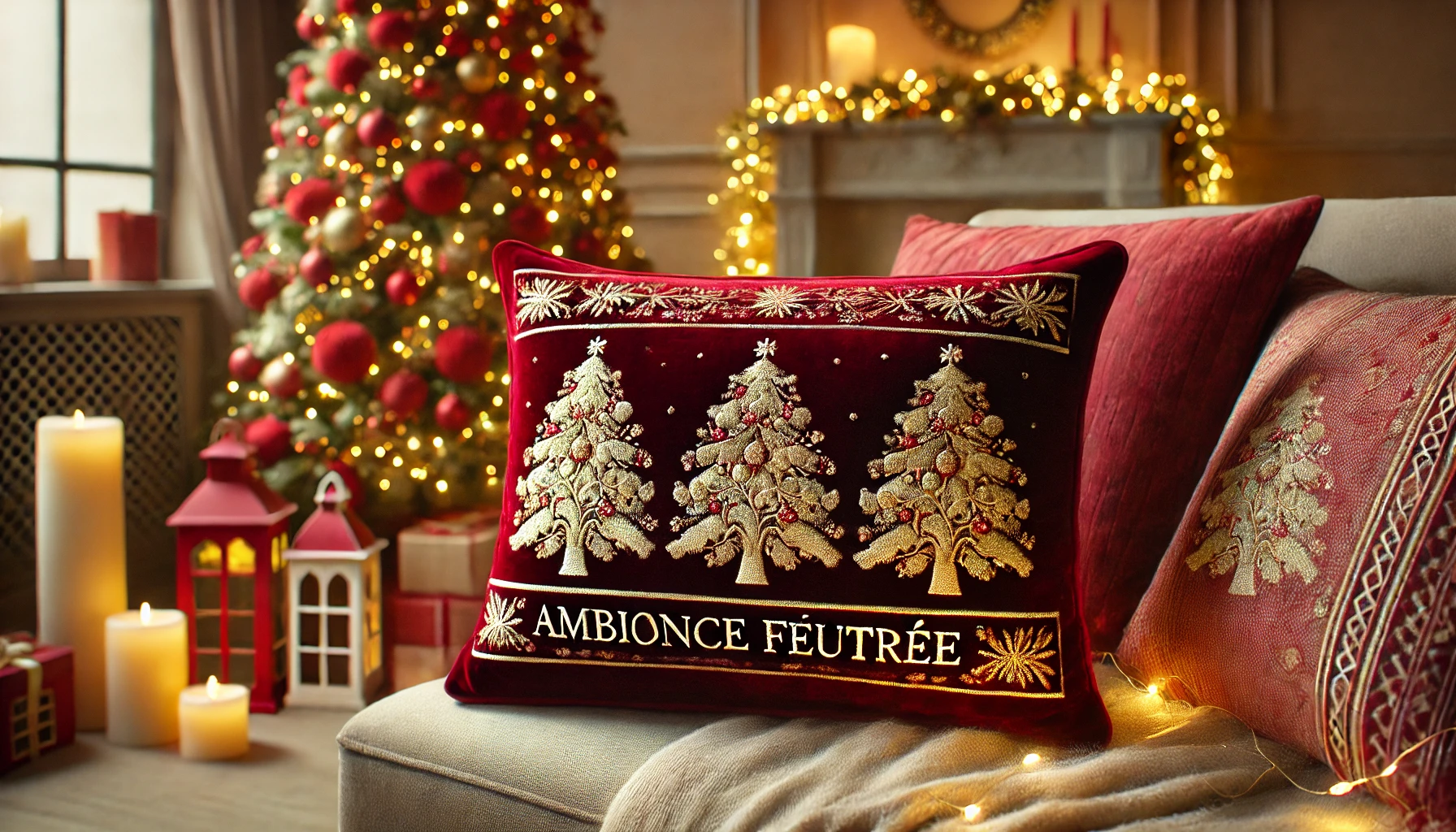 DALL·E 2025-02-12 12.27.06 - A festive decorative pillow named 'Ambiance feutrée', designed to bring the Christmas spirit into any home. The pillow is made of luxurious deep red v