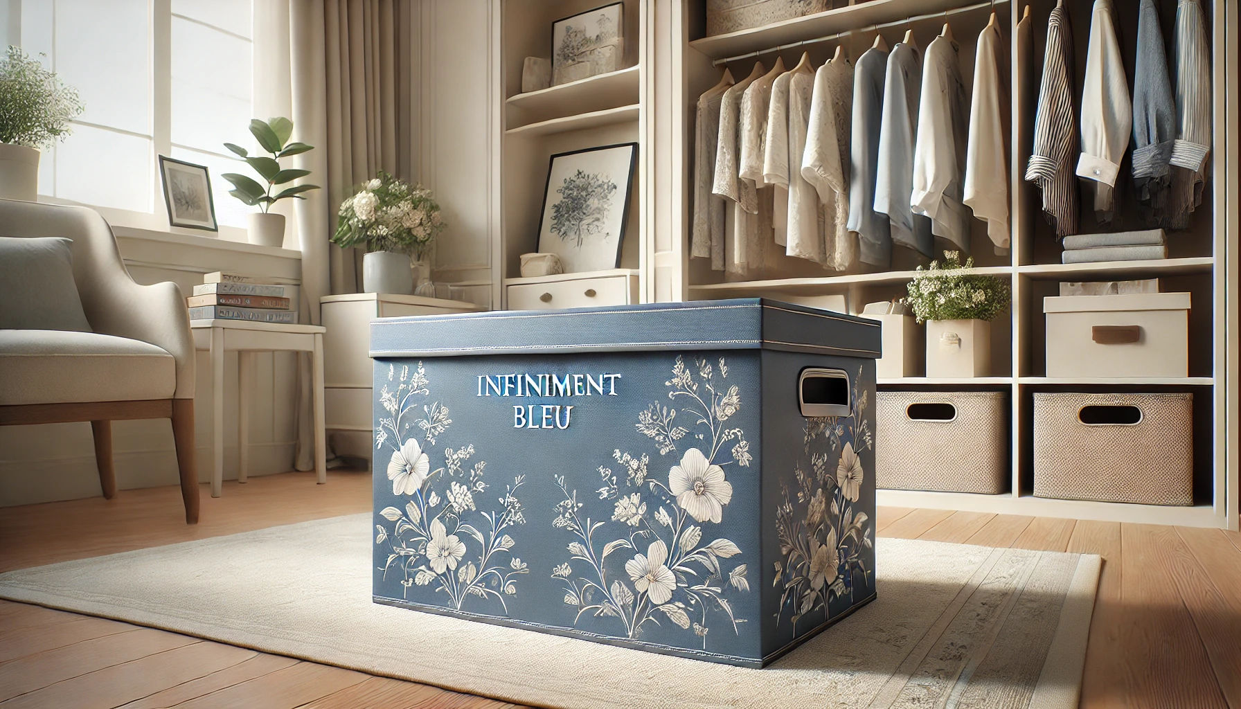 DALL·E 2025-02-12 12.31.49 - A stylish storage box named 'Infiniment bleu', designed for elegant and practical organization. The box features a rigid structure with a beautiful bl