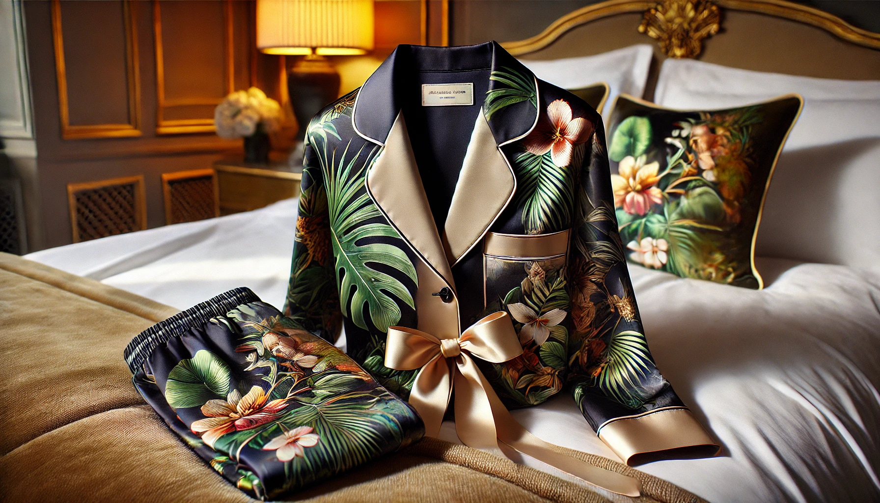 DALL·E 2025-02-12 12.46.10 - A luxurious satin pajama set named 'Safari en rĂȘve', designed for elegance and comfort. The pajama set features a fitted satin jacket with a delicate