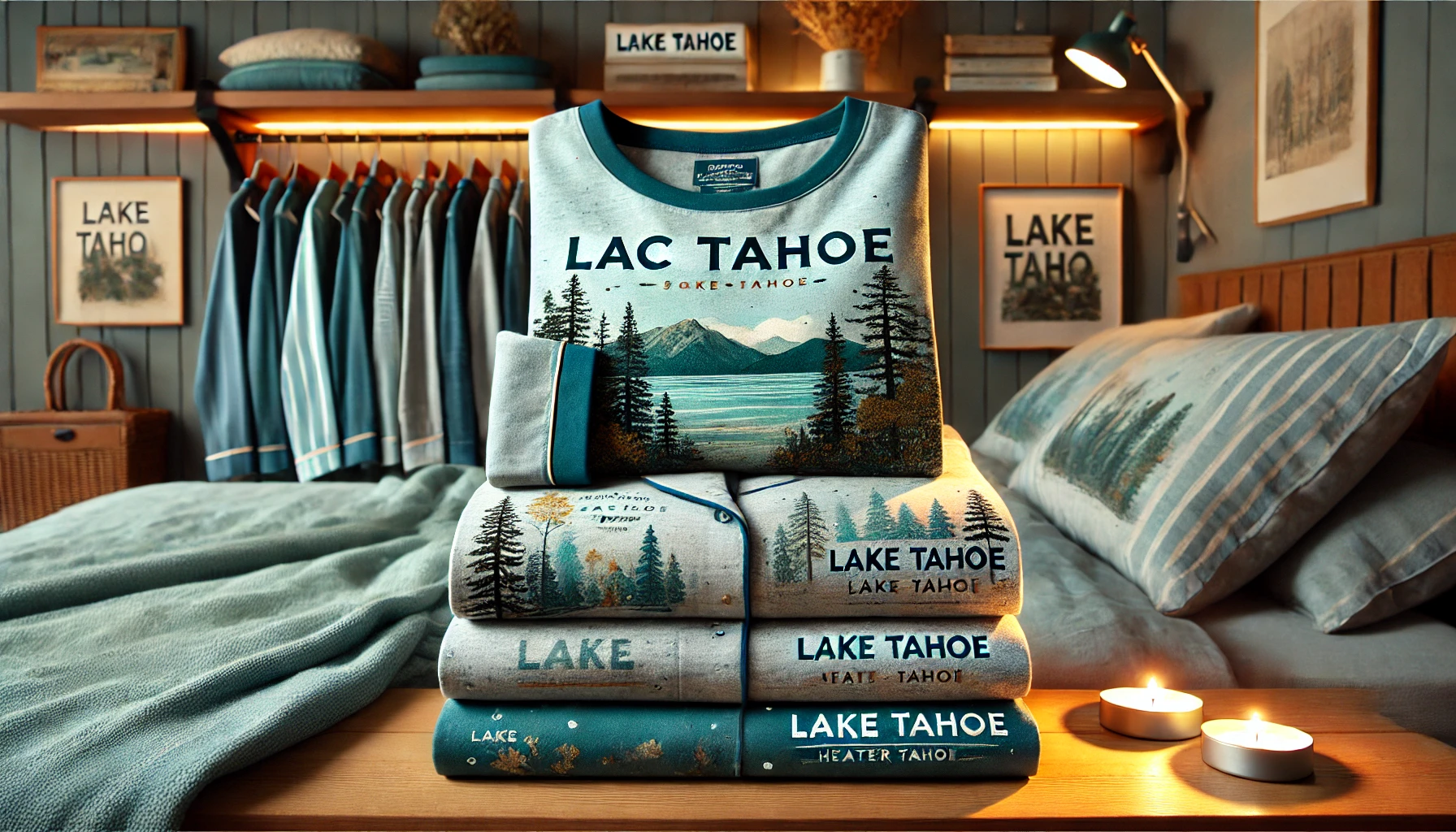 DALL·E 2025-02-12 13.04.45 - A stylish and comfortable pajama set named 'Lac Tahoe', designed for restful and cozy nights. The set includes two pajama designs with harmonious colo