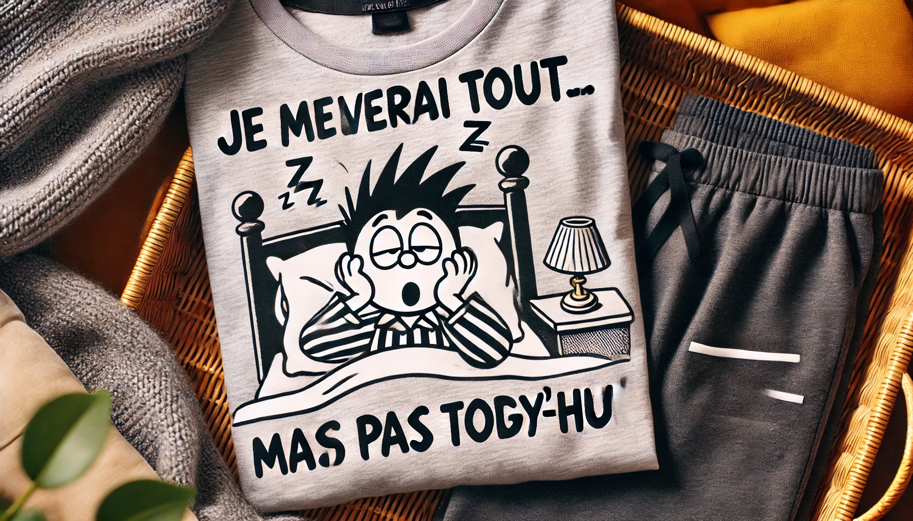 DALL·E 2025-02-12 13.13.28 - A fun and cozy men's pajama set inspired by classic comic humor. The set includes a long-sleeve gray T-shirt featuring a playful illustration of a sle