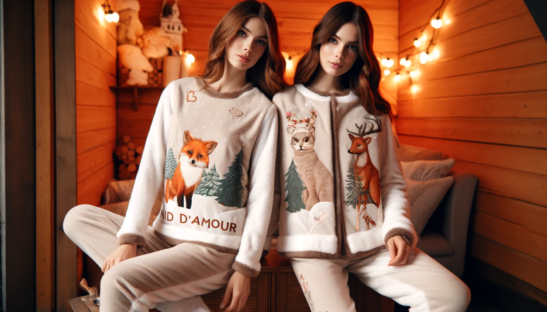 DALL·E 2025-02-12 14.12.48 - A cozy duo of pajamas named 'Nid d'Amour', designed for warmth and comfort during winter. The set features two women wearing soft loungewear with char