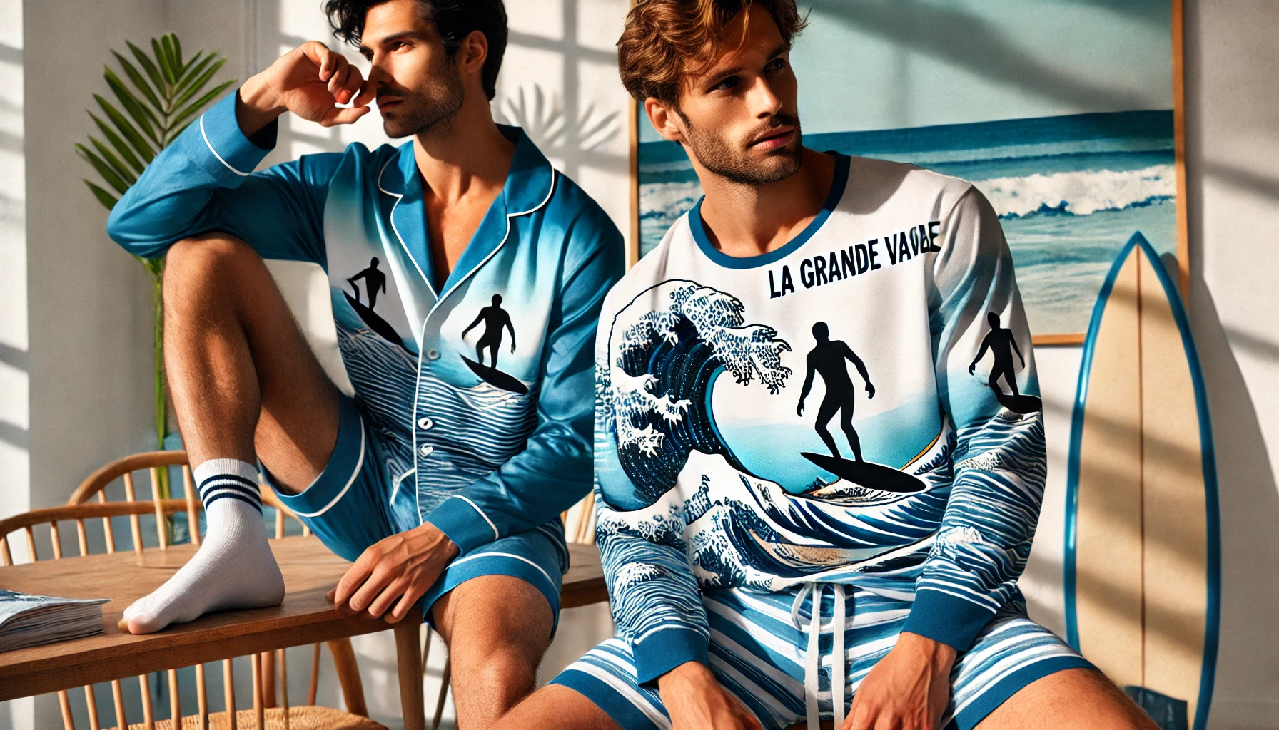 DALL·E 2025-02-12 14.26.43 - A stylish duo of summer pajamas named 'La Grande Vague', inspired by the world of surfing. The set features two men wearing comfortable loungewear in