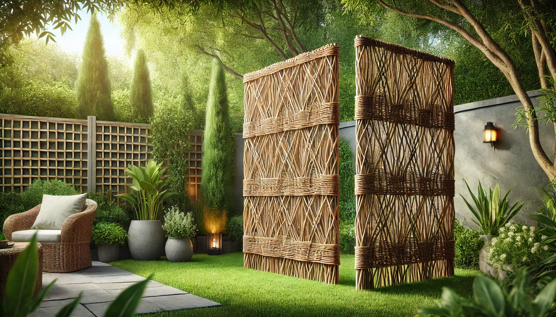 DALL·E 2025-02-12 15.04.32 - A set of two garden privacy screens made of woven willow, measuring 1 x 5 meters with a thickness of 5mm. These natural and decorative screens are per