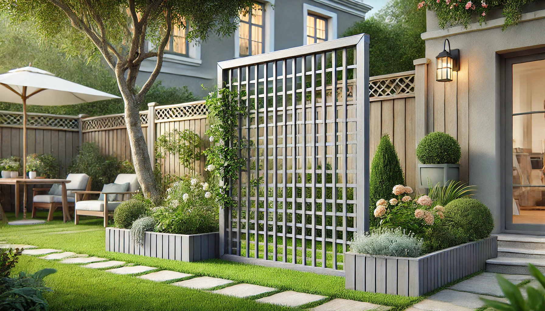 DALL·E 2025-02-12 15.07.39 - A stylish and expandable garden trellis fence in gray, measuring 120x60 cm. Made from high-quality fir wood, this elegant and durable trellis is perfe