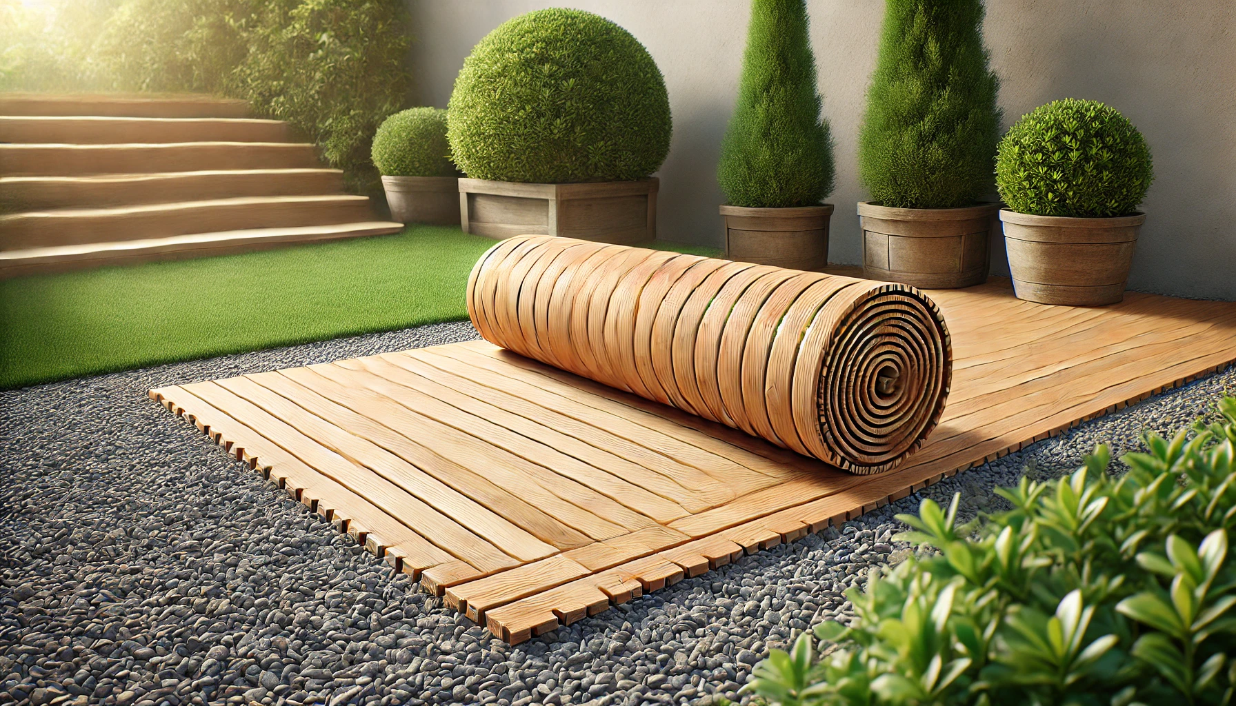 DALL·E 2025-02-12 15.35.14 - A roll-up wooden terrace mat made of impregnated pine, measuring 35x300 cm. This flexible and natural-looking outdoor flooring solution is ideal for c