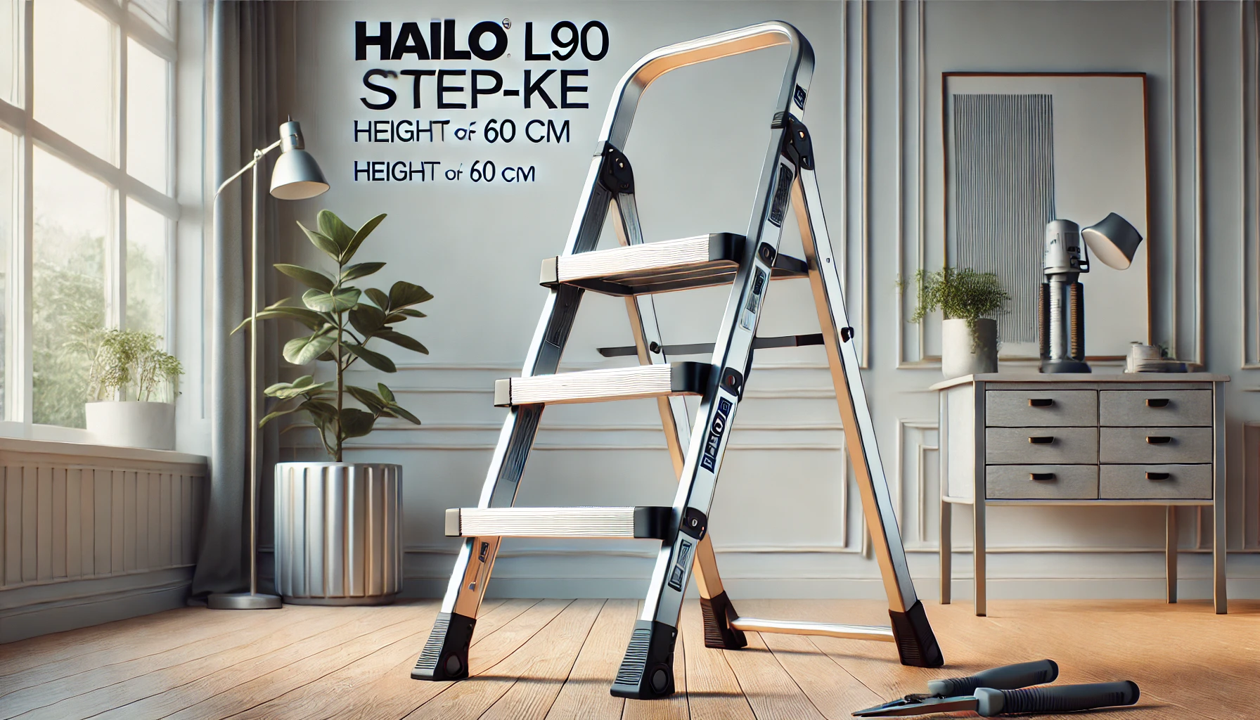 DALL·E 2025-02-12 15.47.43 - A foldable Hailo L90 Step-ke stepladder with 2x3 steps and a height of 60 cm. This sturdy aluminum ladder features a robust structure and non-slip fee