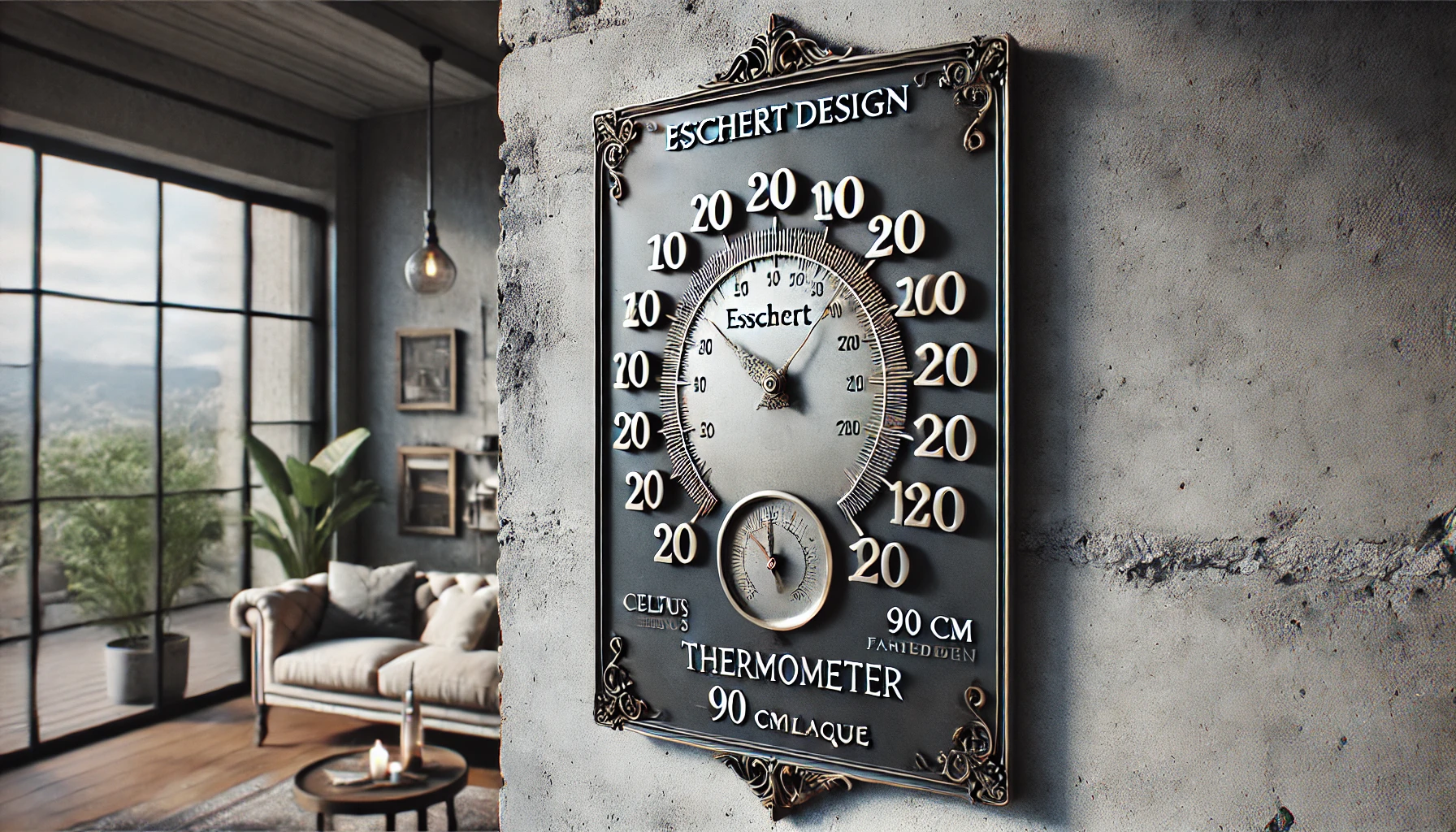 DALL·E 2025-02-12 15.54.06 - A stylish Esschert Design wall-mounted thermometer on a 90 cm plaque. This decorative and functional thermometer displays temperatures in both Celsius