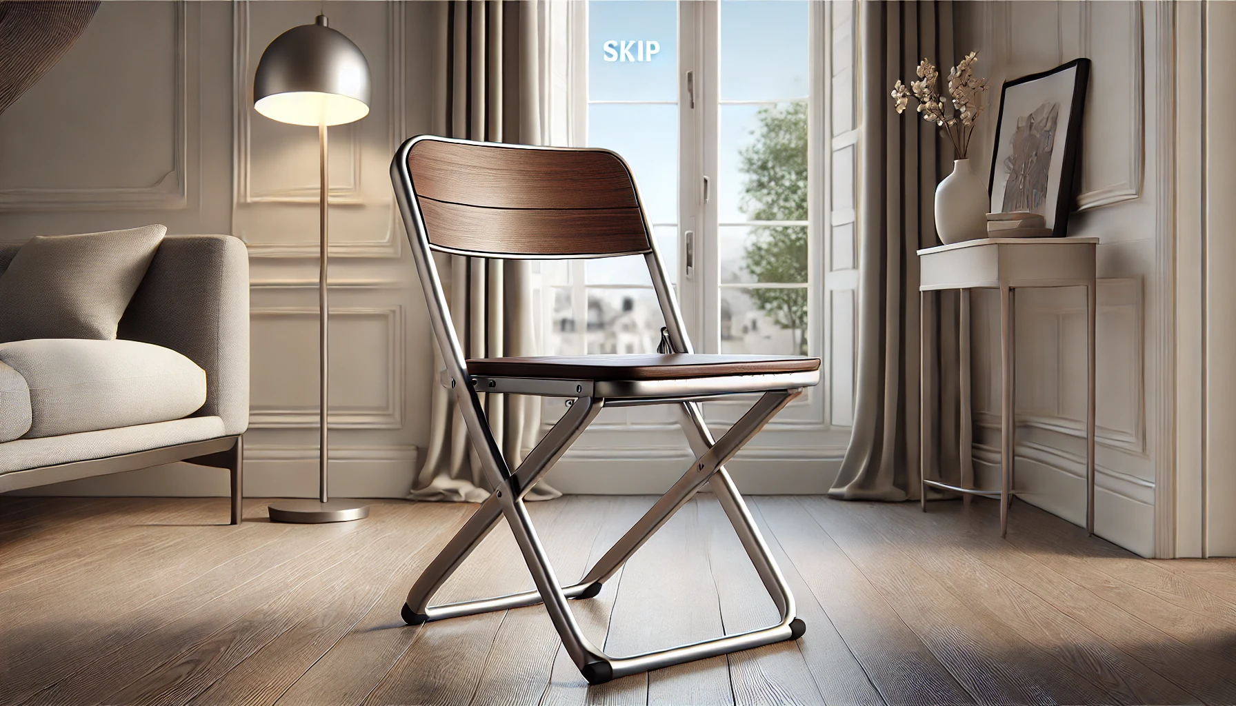 DALL·E 2025-02-12 15.58.02 - A modern and space-saving SKIP folding chair with a sleek wenge wood finish and satin aluminum frame. This stylish and practical chair is designed for