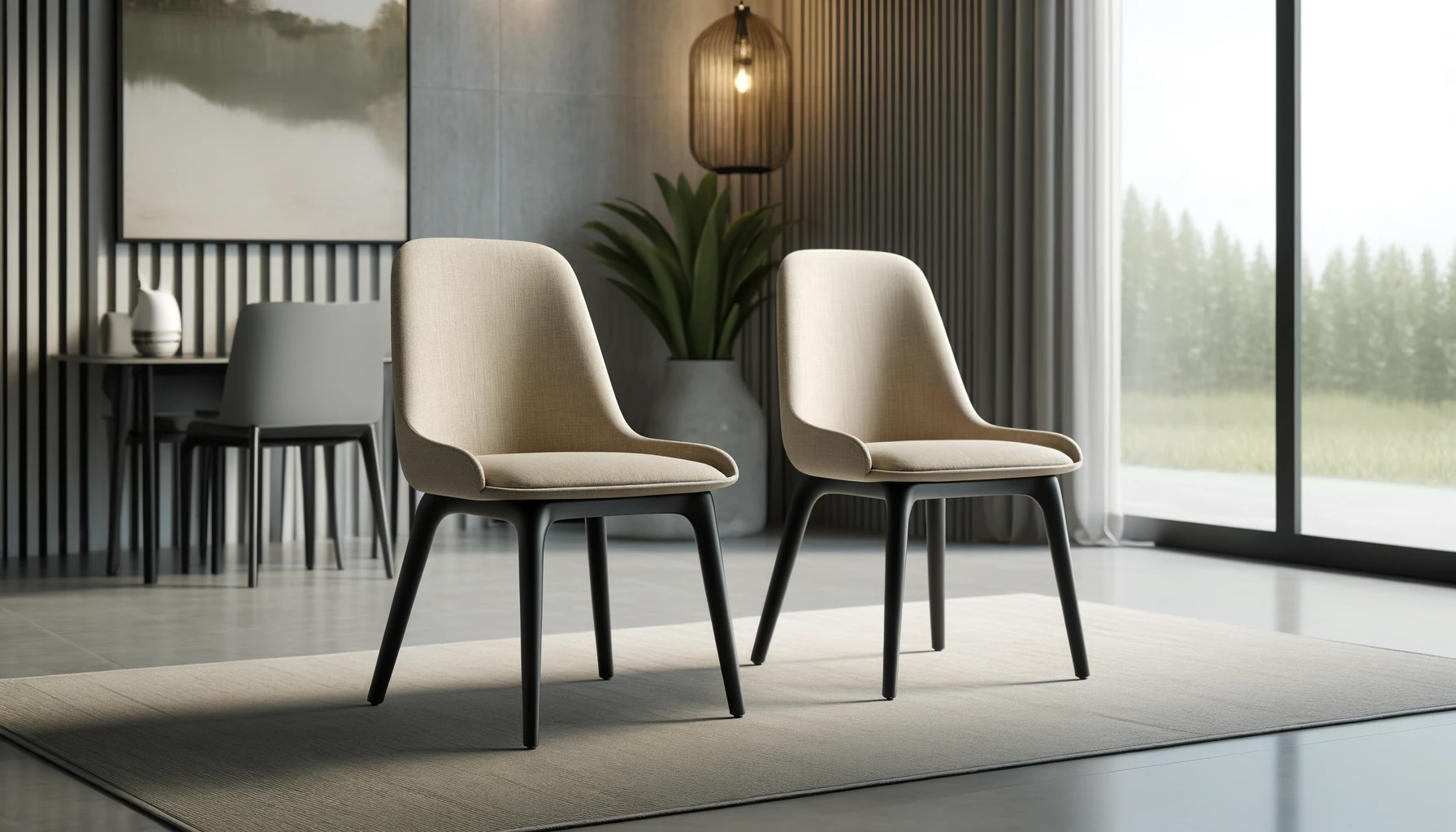 DALL·E 2025-02-12 16.01.51 - A set of 2 stylish NIME chairs featuring a modern design with sand-colored fabric upholstery and anthracite lacquered legs. These elegant chairs are p