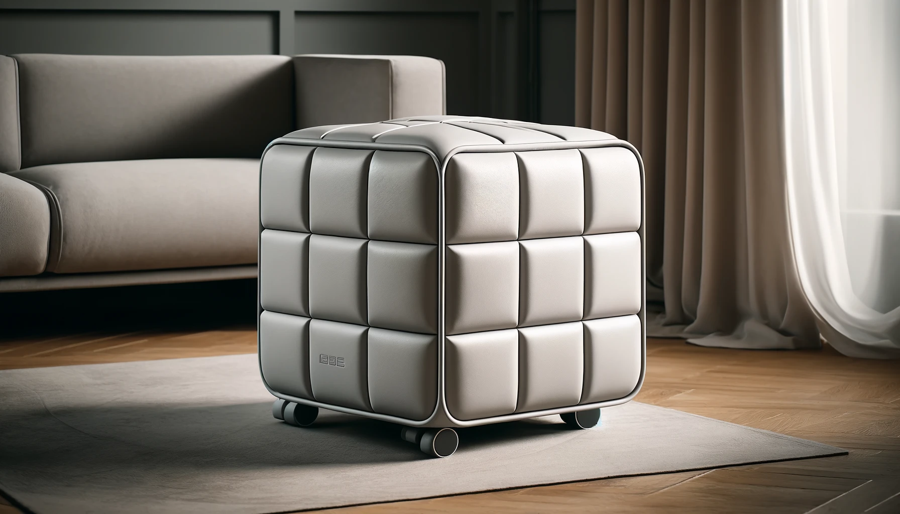 DALL·E 2025-02-12 16.07.18 - A versatile CUBIX transformable pouf in light gray coated polyurethane with contrasting stitching. This stylish and practical pouf features a modern c