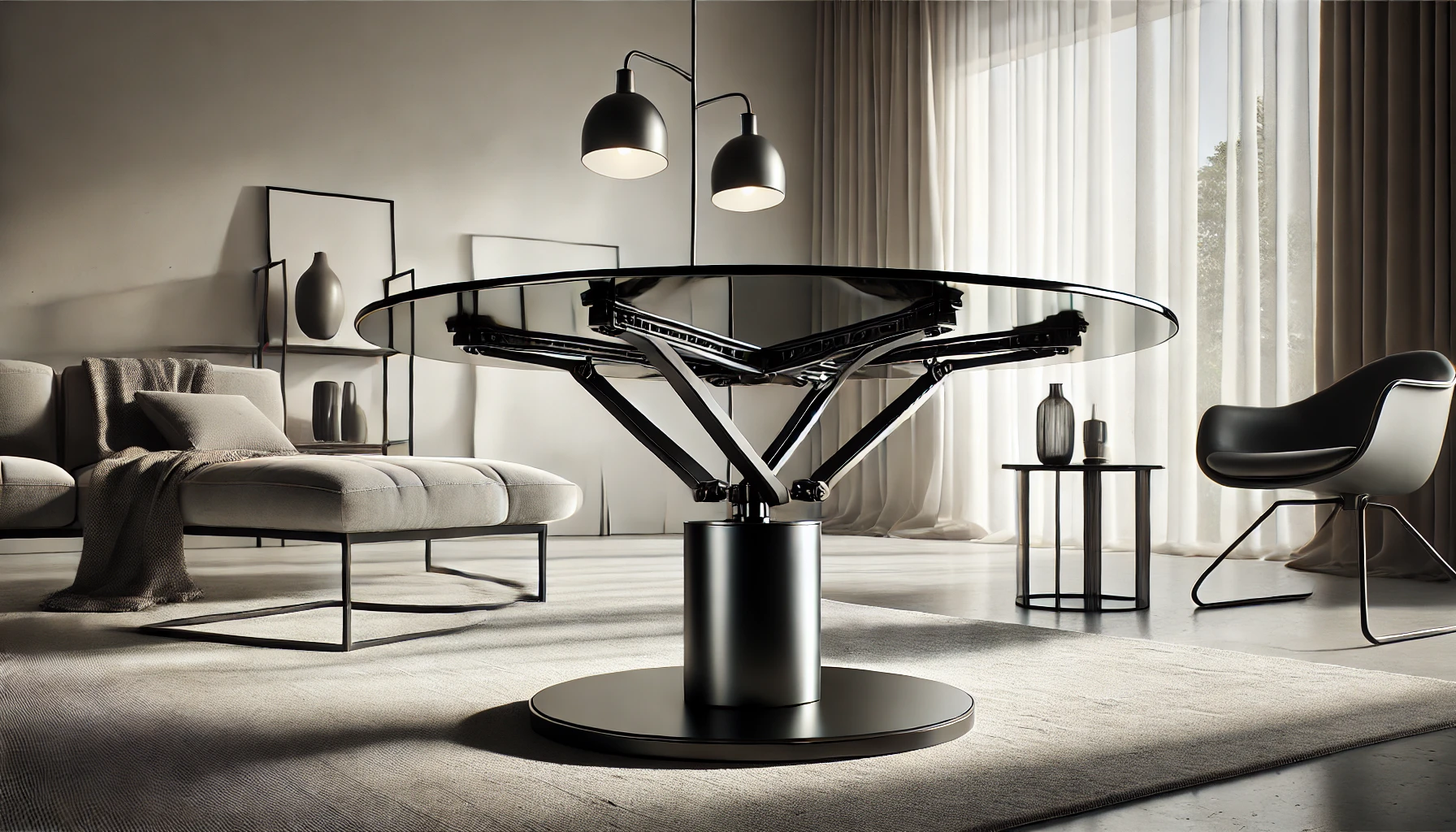 DALL·E 2025-02-12 16.40.44 - A modern OLYMPE table featuring pivoting black glass tops and a sleek nickel black metal base. This stylish and elegant table is designed for contempo