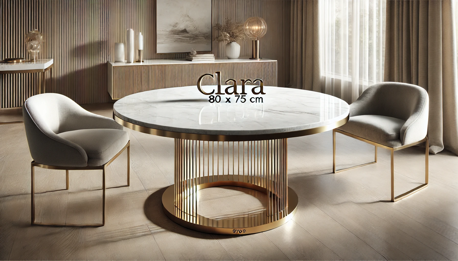 DALL·E 2025-02-12 16.44.50 - A luxurious round dining table named CLARA, featuring a white marble top and a brushed brass-finished steel base. Measuring 80 x 75 cm, this elegant t