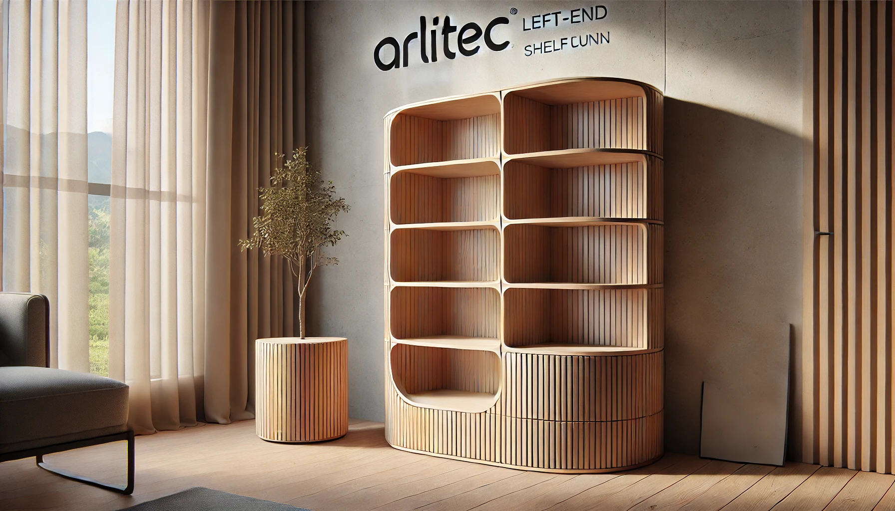 DALL·E 2025-02-12 16.49.45 - A stylish ARLITEC left-end column shelf unit made of wood, featuring a rounded design with multiple shelves. Measuring 30 cm in width, this elegant an