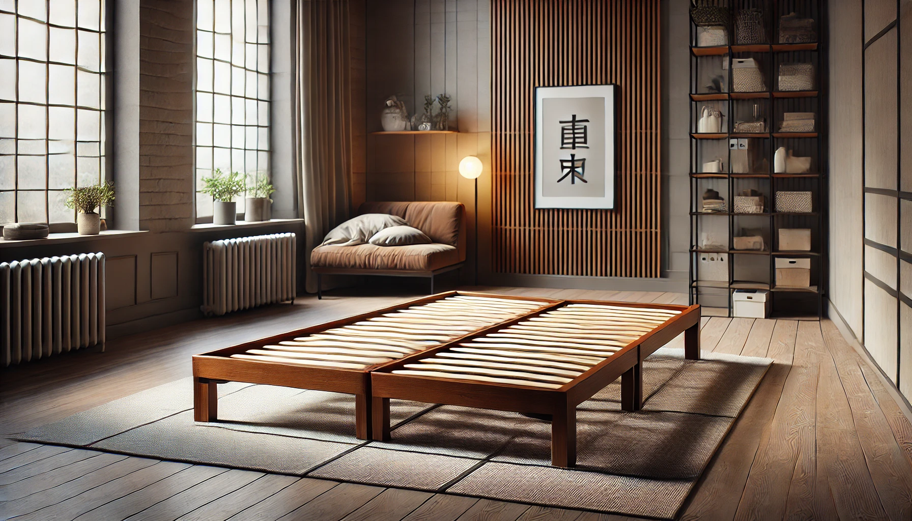 DALL·E 2025-02-12 16.54.21 - A CORE BED futon frame made of brown lacquered pine with sturdy steel legs, designed for a 140x200 cm mattress. This minimalist and modern bed frame i