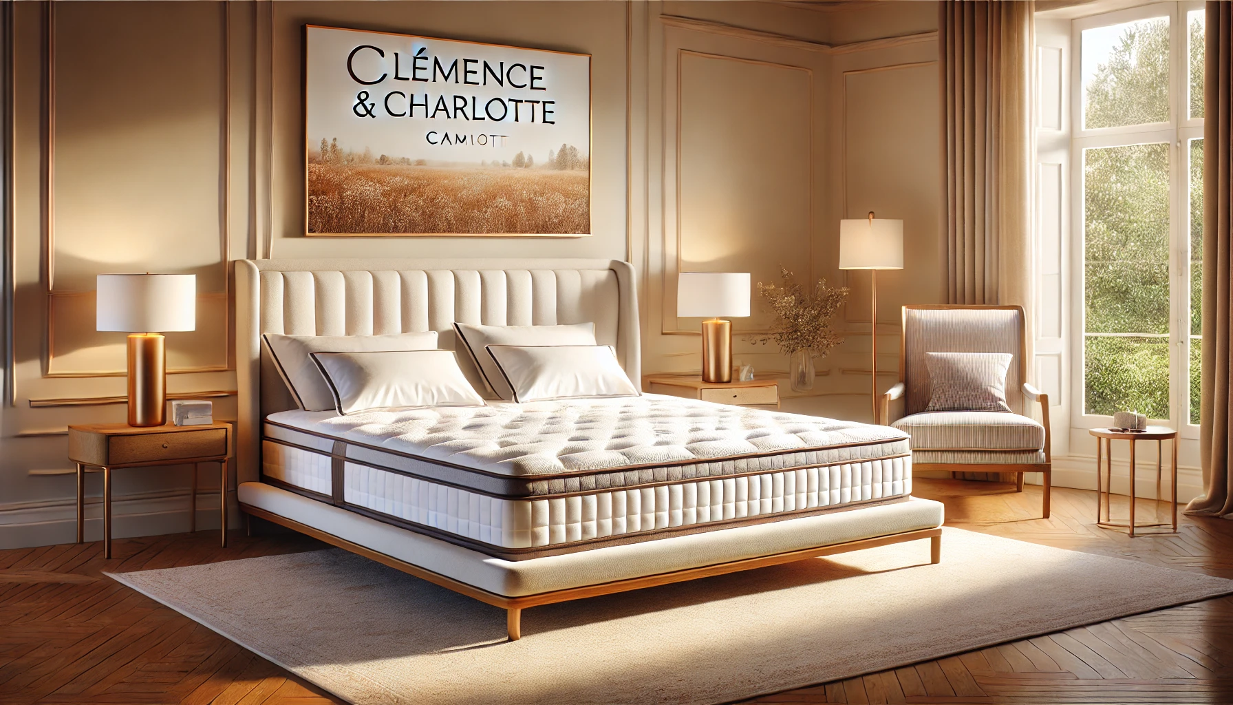 DALL·E 2025-02-12 17.14.50 - A premium Clémence & Charlotte CAMIF bedding set, including a matching mattress and bed frame in 160x200 cm dimensions. Designed for optimal comfort a