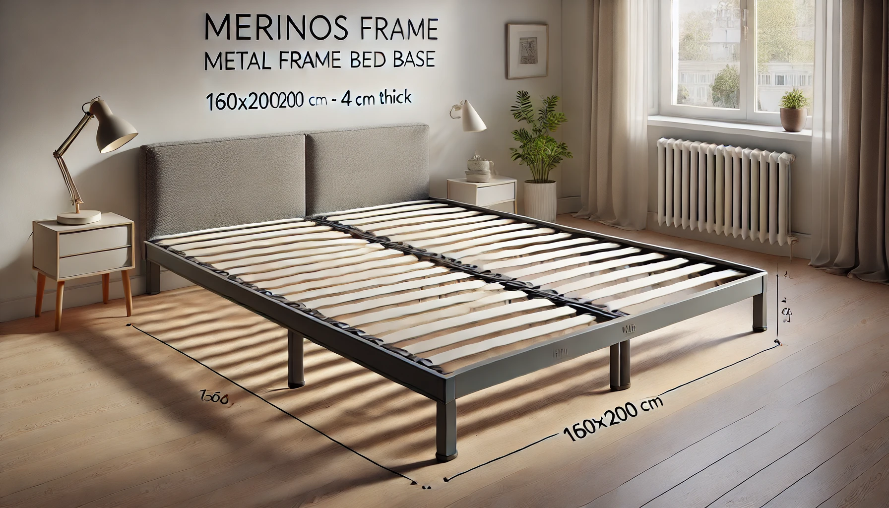 DALL·E 2025-02-12 17.21.11 - A MERINOS metal frame slatted bed base with 5 support zones, measuring 160x200 cm and 4 cm thick. This sturdy and well-ventilated bed frame ensures op