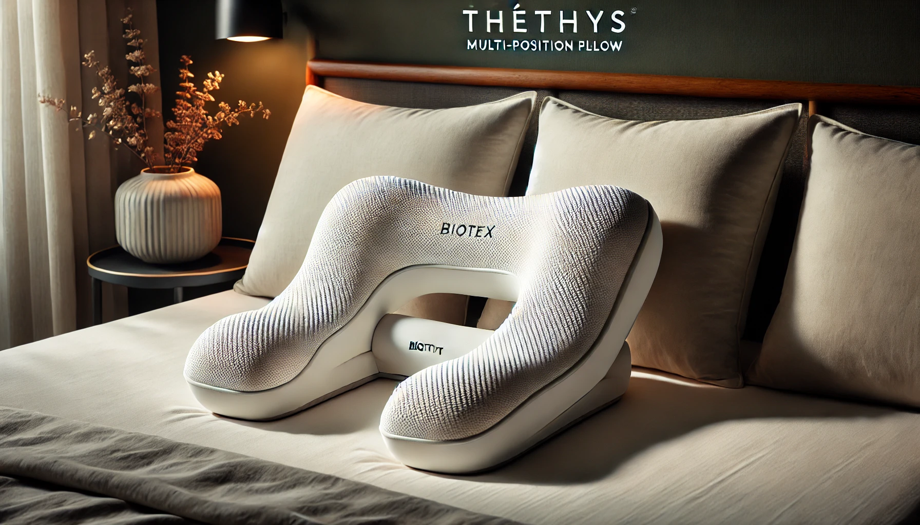DALL·E 2025-02-12 17.39.51 - An ergonomic multi-position pillow named Théthys by BIOTEX, made of viscoelastic foam for optimal neck and head support. The pillow features a contour