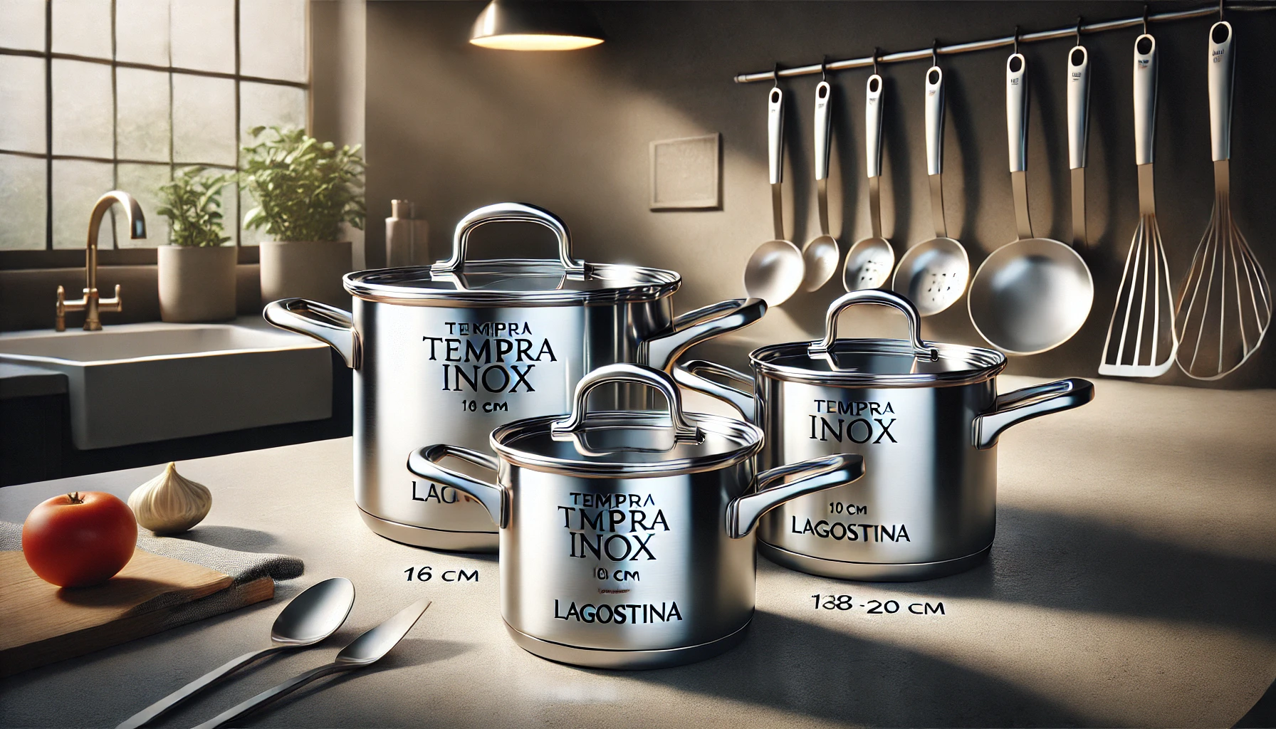 DALL·E 2025-02-13 11.16.55 - A premium set of 3 Tempra Inox saucepans by LAGOSTINA, sized 16 cm, 18 cm, and 20 cm. These high-quality stainless steel saucepans feature ergonomic h