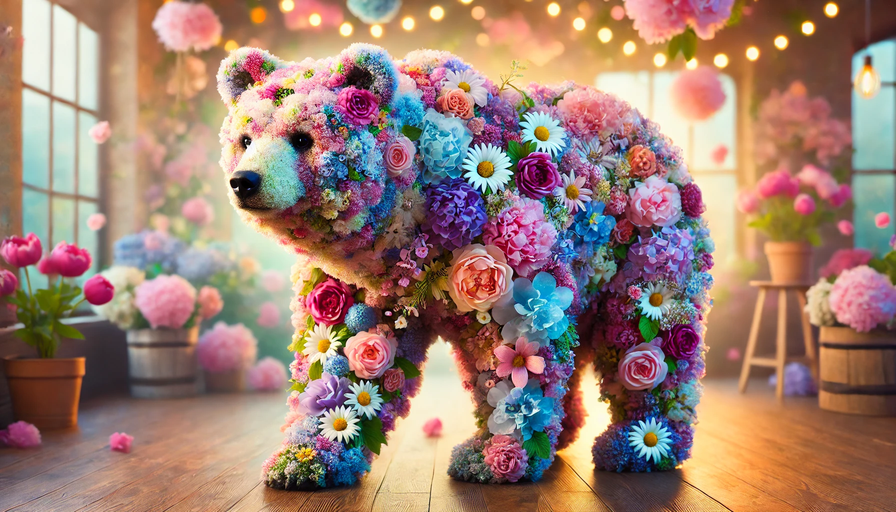 DALL·E 2025-02-13 11.48.23 - A majestic bear entirely composed of various flowers, in an enchanting and colorful style. Its body is formed from a mix of spring flowers such as peo