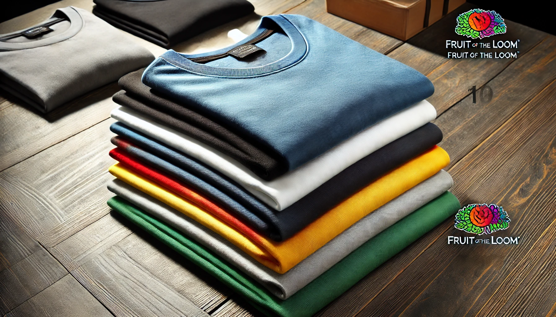 DALL·E 2025-02-13 13.23.22 - A set of 10 classic Fruit of the Loom t-shirts, perfect for everyday comfort and durability. Made from 100% soft and breathable cotton, these t-shirts
