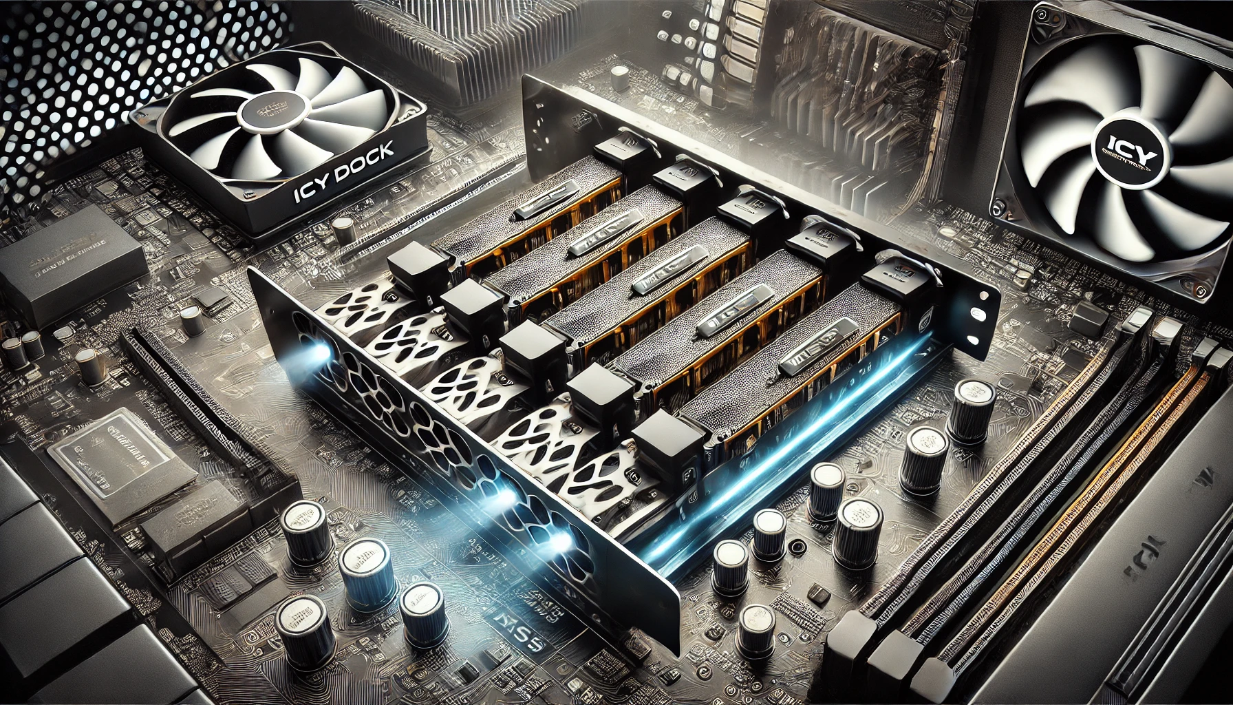 DALL·E 2025-02-13 13.44.02 - A high-performance ICY DOCK ExpressSlot MB204MP-1B PCIe adapter for M.2 NVMe SSDs. This innovative PCIe enclosure supports up to four M.2 NVMe SSDs, o