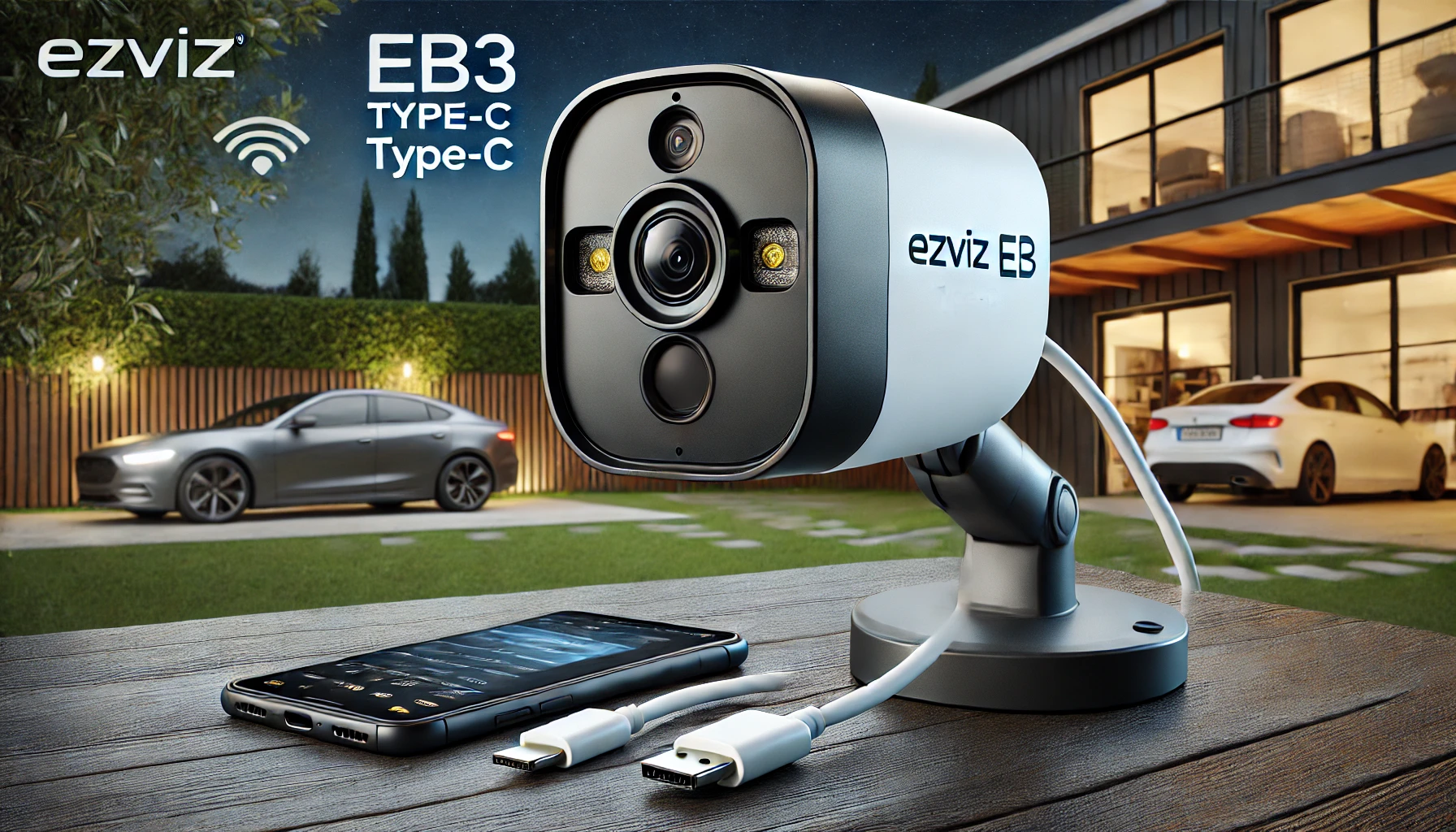 DALL·E 2025-02-13 14.05.25 - A modern EZVIZ EB3 Type-C wireless security camera designed for reliable outdoor surveillance. The camera features Full HD 1080p resolution for clear