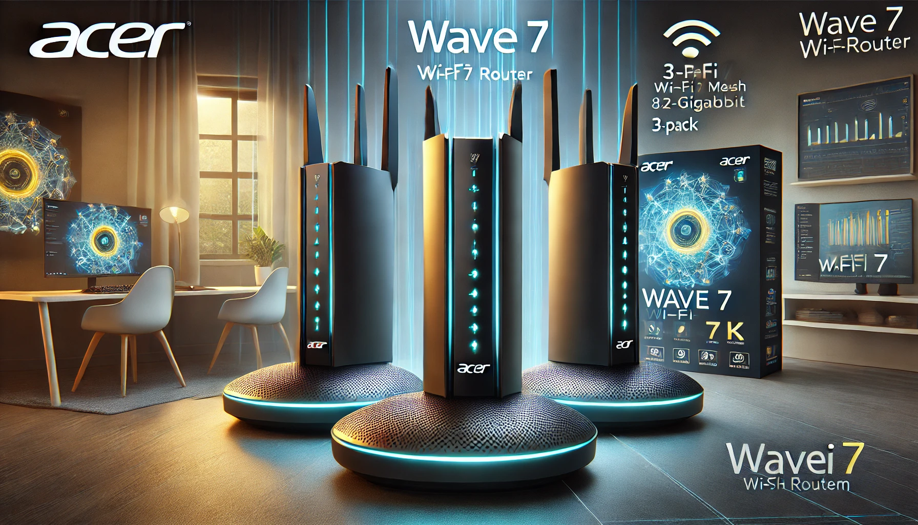 DALL·E 2025-02-13 15.19.51 - A high-performance Acer Wave 7 Wi-Fi 7 mesh router system, designed for seamless whole-home coverage. This 3-pack mesh system delivers ultra-fast spee