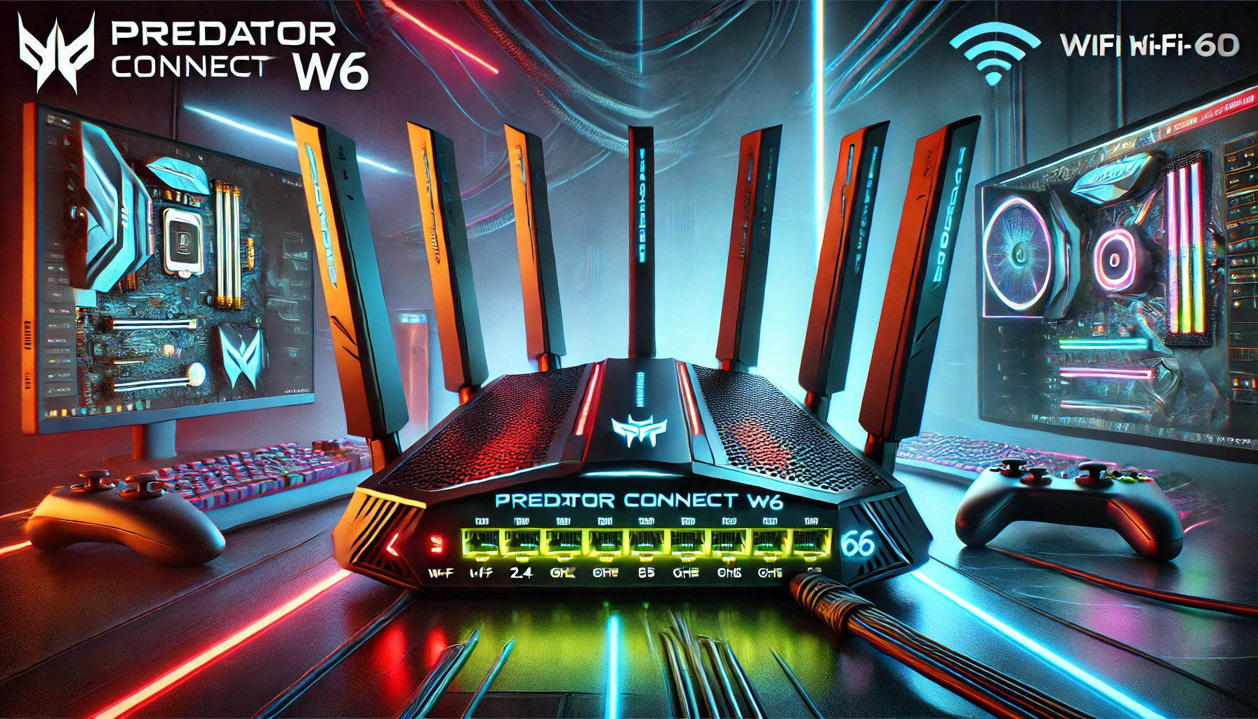 DALL·E 2025-02-13 15.32.26 - A high-performance Predator Connect W6 gaming router featuring Wi-Fi 6E tri-band technology (2.4 GHz _ 5 GHz _ 6 GHz) for ultra-fast speeds and low la