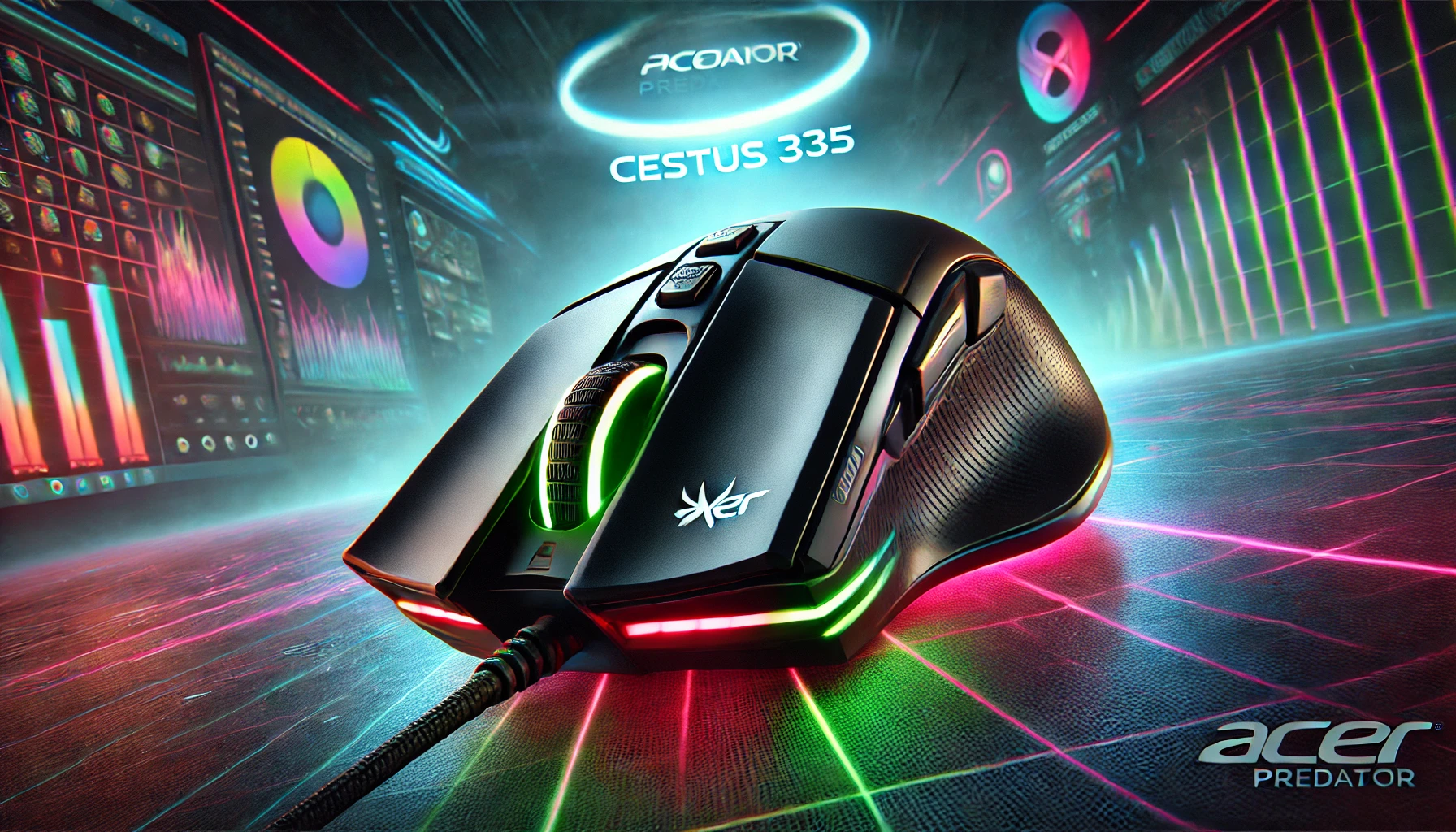 DALL·E 2025-02-13 15.39.45 - A high-performance Acer Predator Cestus 335 gaming mouse, designed for precision, speed, and comfort. Featuring a PixArt 3370 sensor with adjustable 1