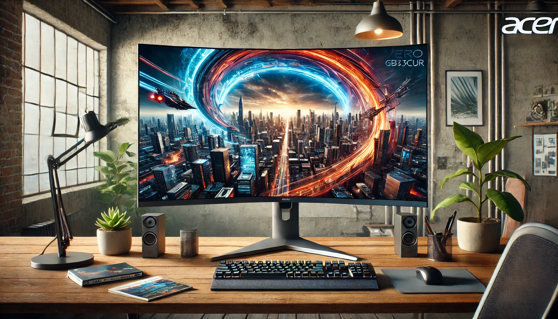 DALL·E 2025-02-13 16.21.01 - A high-performance Acer Vero CB343CUR 34-inch ultra-wide curved monitor designed for multitasking, advanced office work, and immersive entertainment.