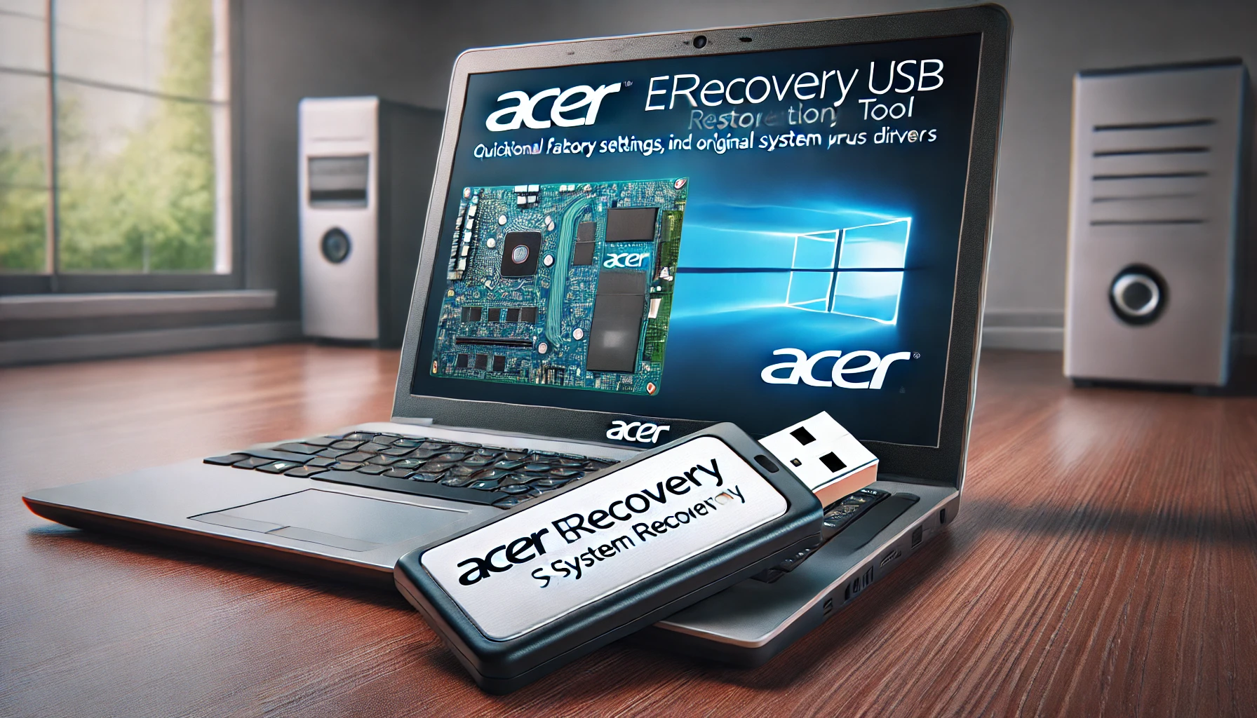 DALL·E 2025-02-13 16.46.29 - A professional Acer eRecovery USB restoration tool, designed for quick and efficient system recovery in case of system failure or virus infection. The